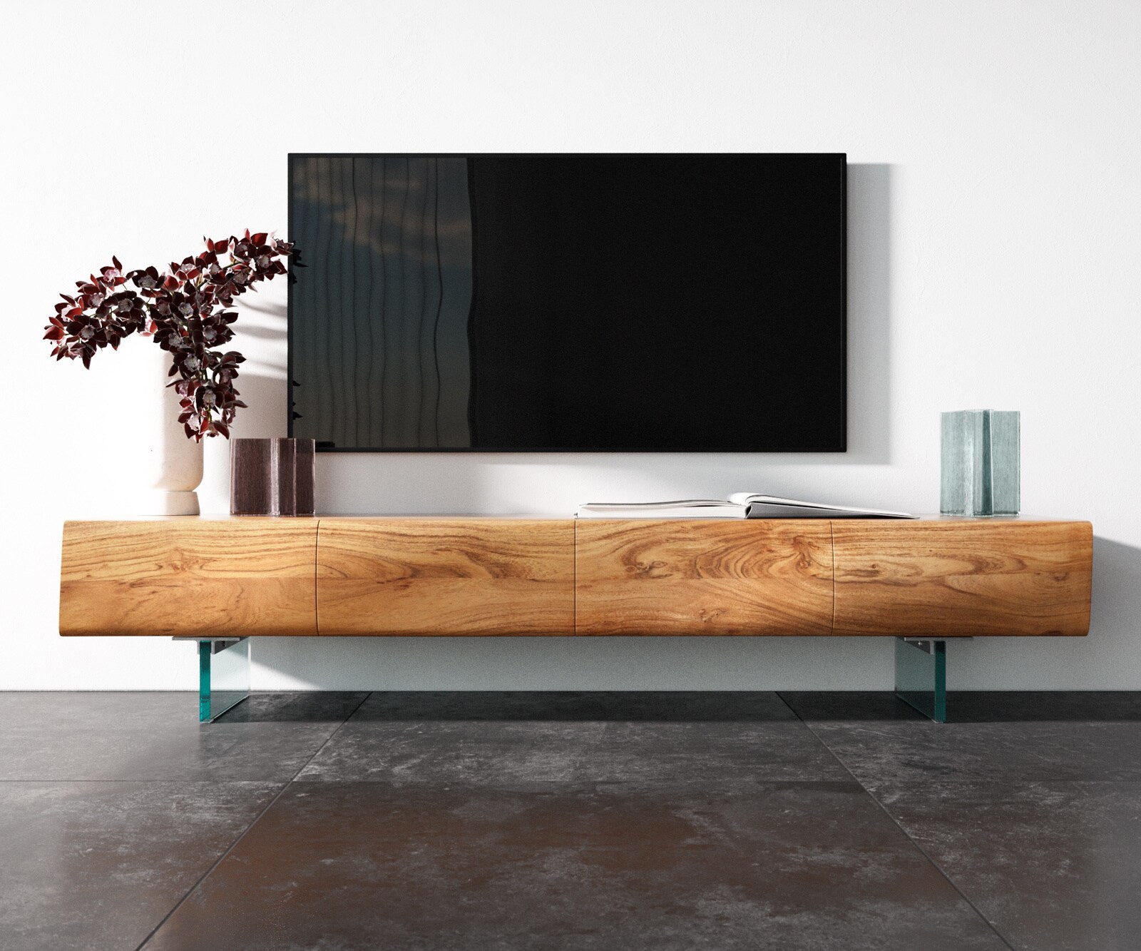 Lowboard New Live-Edge 175 cm Akazie Natur 4 Türen Glasfuß 3