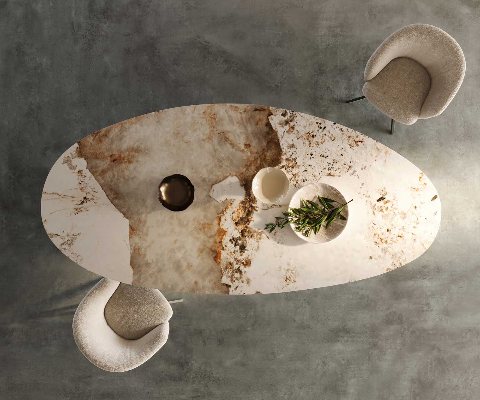 Esstisch Edge Oval 280x130 Keramik Minas Melange Weiß-Beige Troa Metall Effektfinish Titan 4