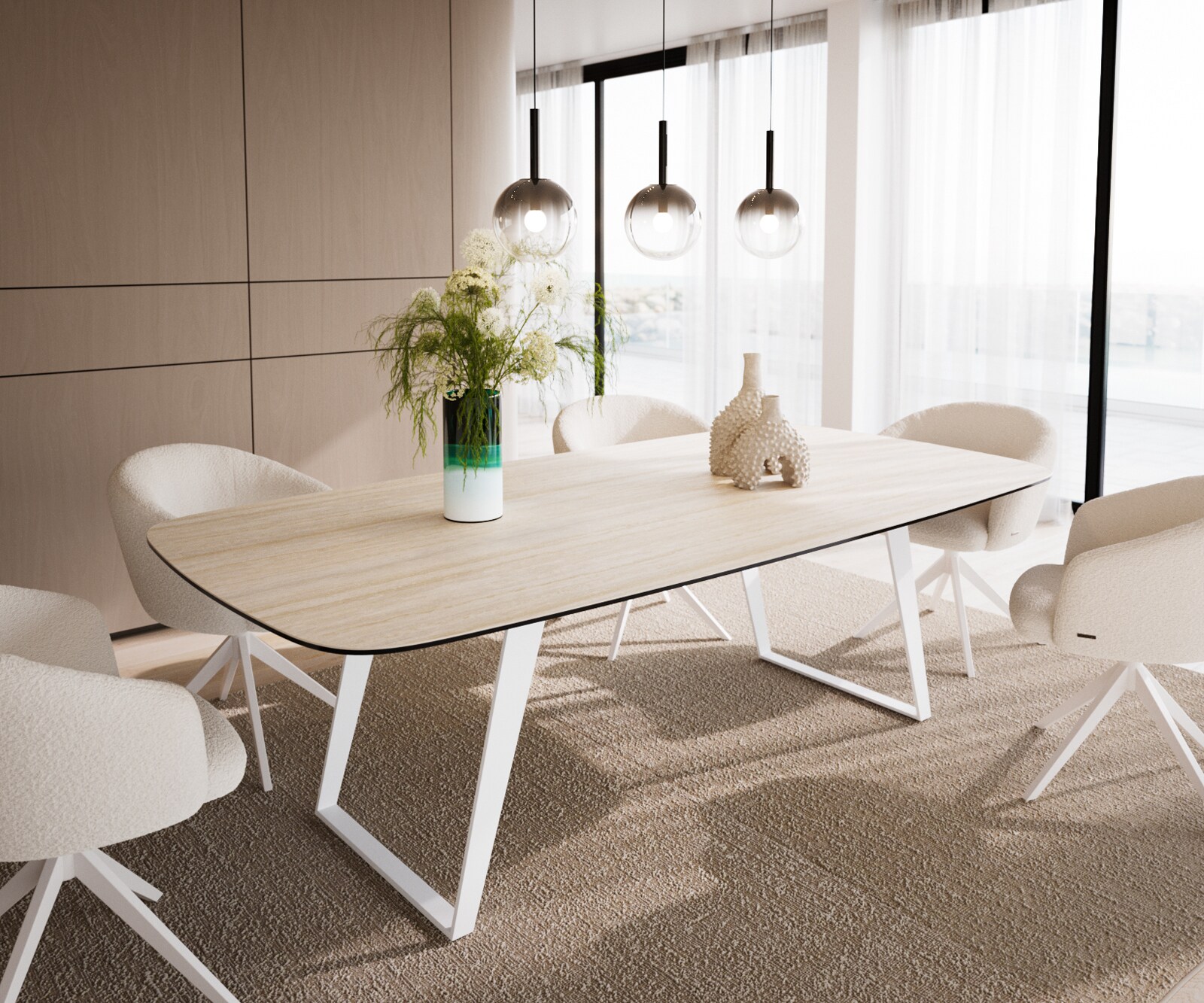 Esstisch Edge Boot 240x120 cm Keramik Travertin Natur Metall Schräg Weiß günstig online kaufen