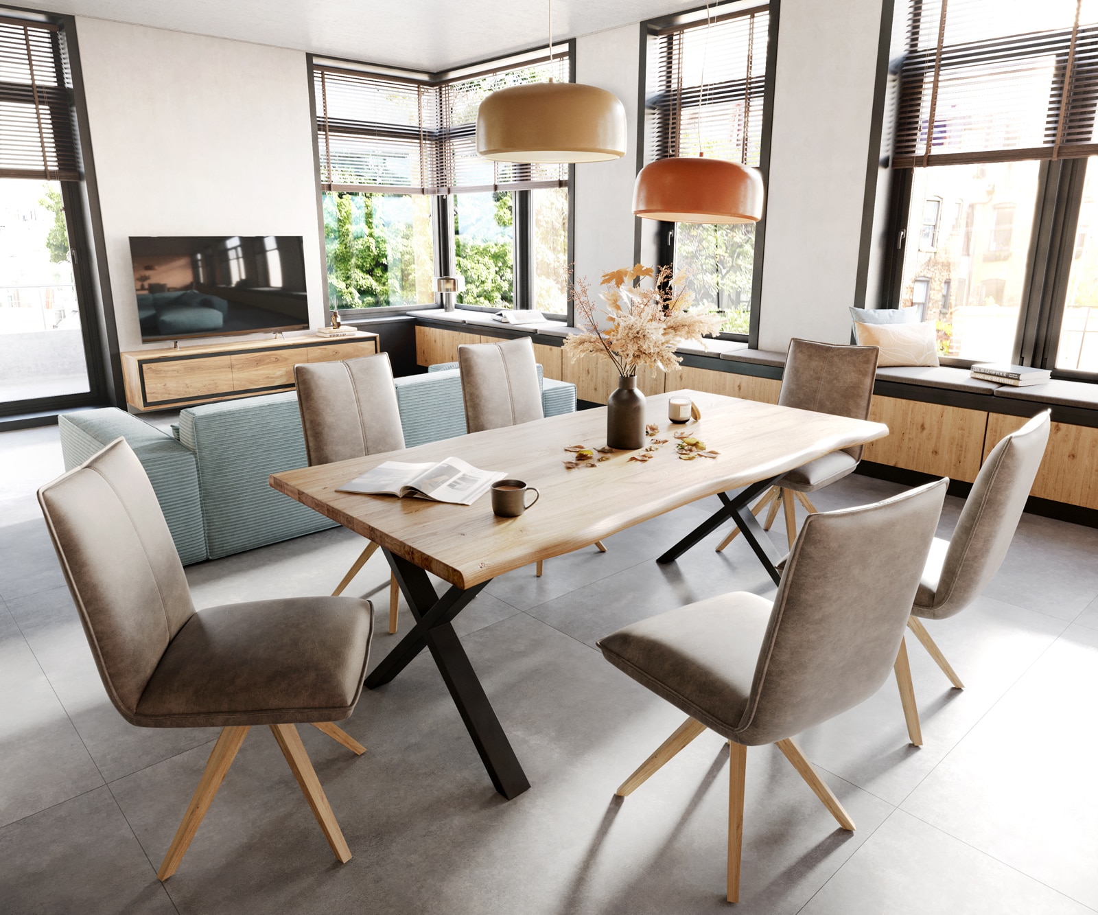 Esszimmerstuhl Lelio-Flex Mikrofaser Taupe Vintage Holzgestell kantig Natur Taschenfederkern 4