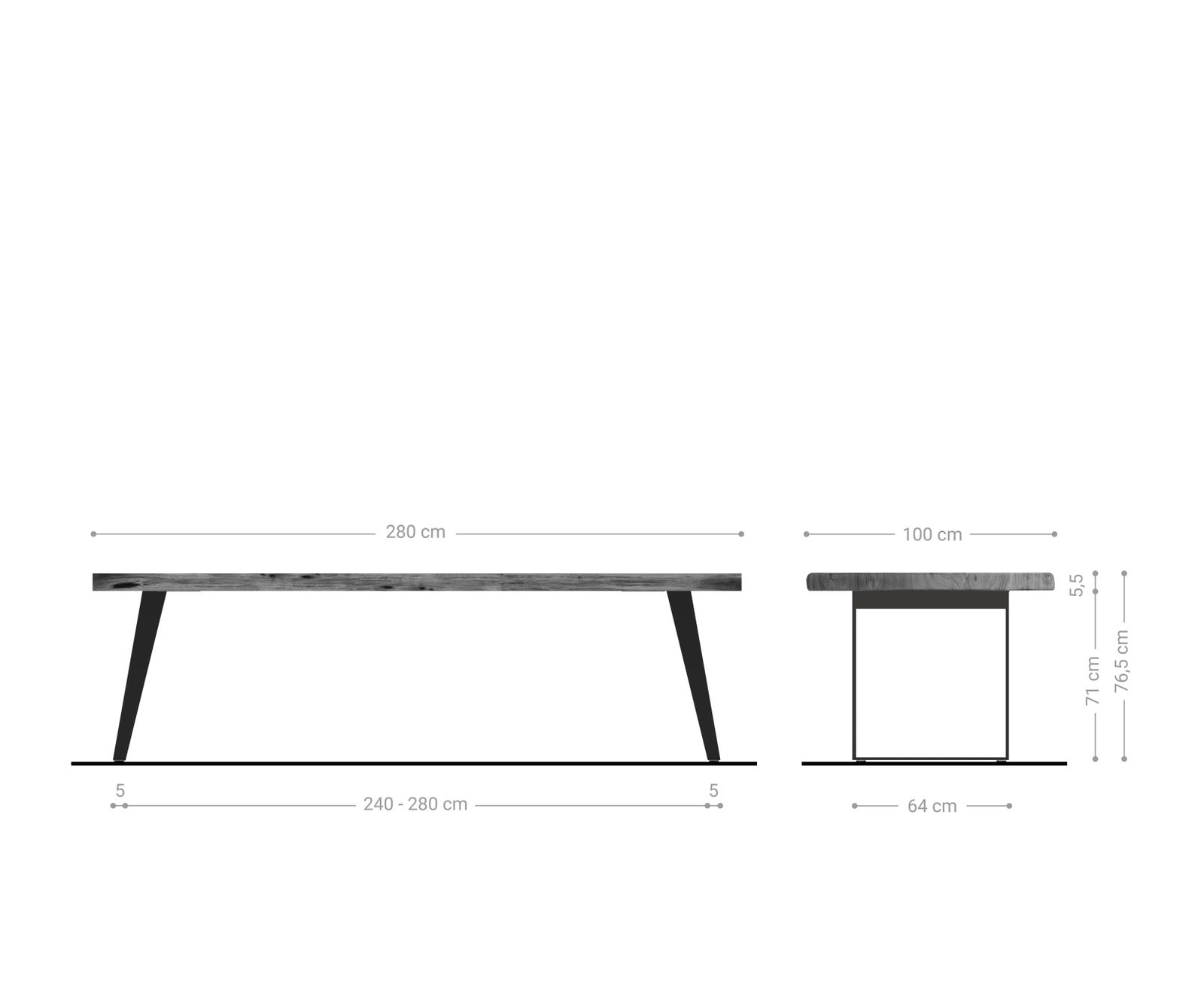 Esstisch Edge 280x100 XL Akazie Natur Edelstahl Schräg Live-Edge 7