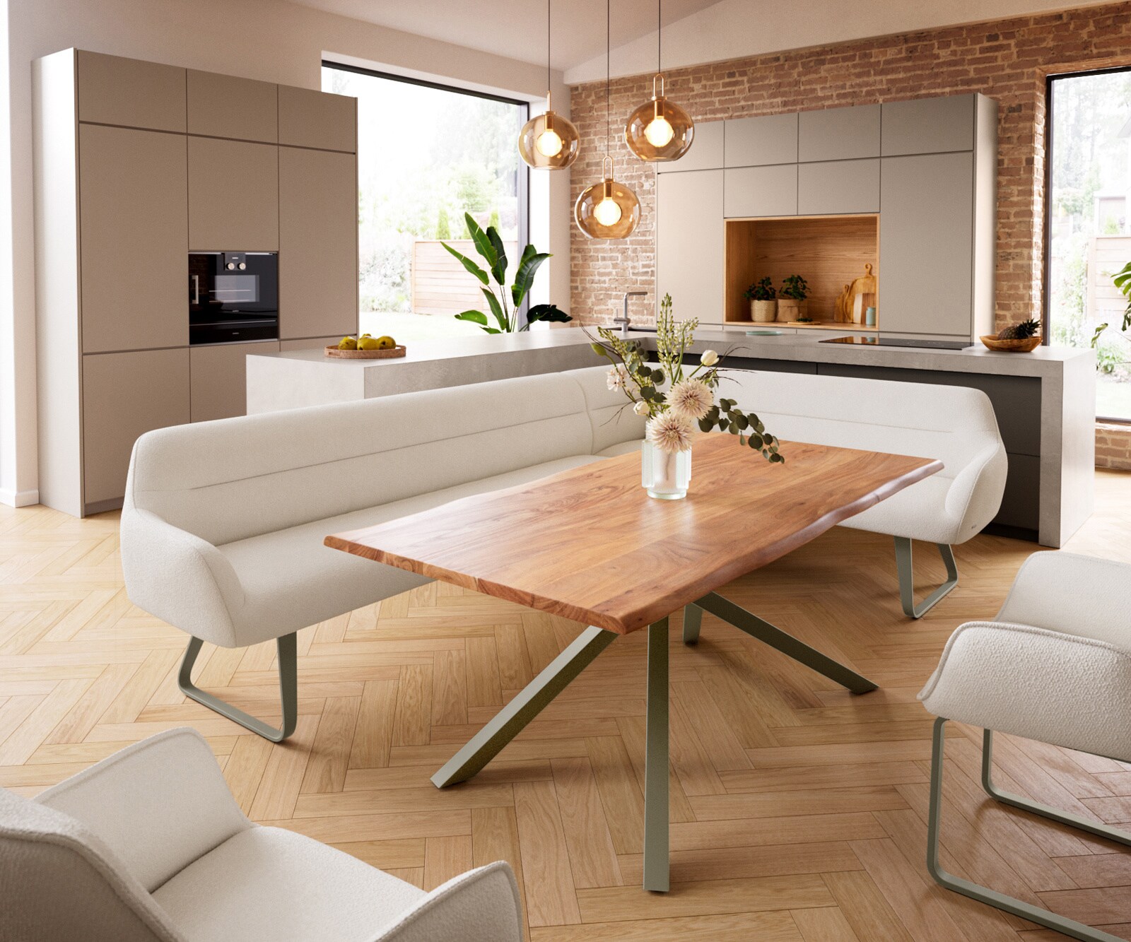 Esszimmerbank Taya-Flex 285x190 cm Bouclé Creme-Weiß Kufengestell flach Effektfinish Titan Taschenfederkern Links