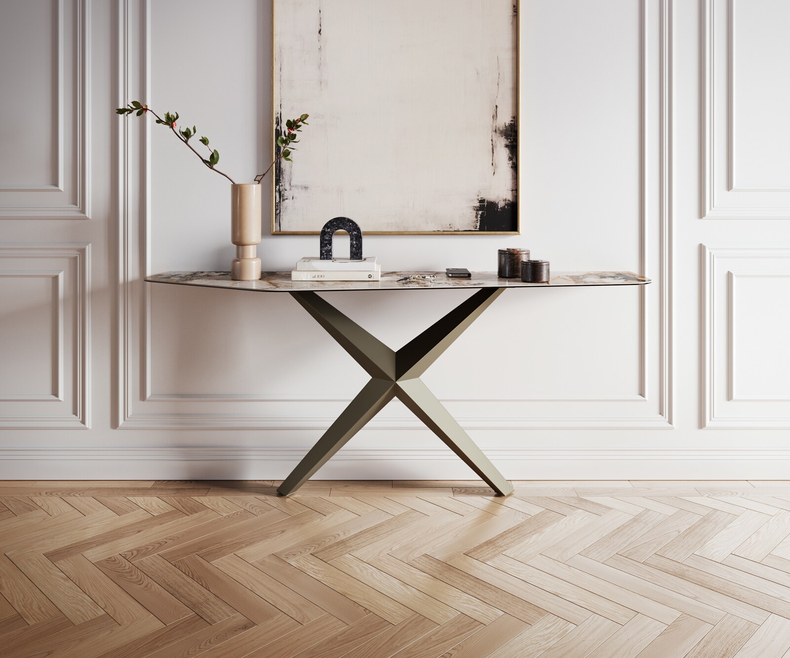 Konsolentisch Edge Polygonal 180x50 cm Keramik Patagonia Poliert Zentharo Metall Effektfinish Titan 3