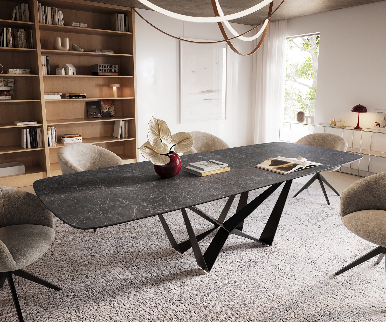 Esstisch Edge Boot 240-300x120 cm Keramik Laminam® Nero Greco Anthrazit Spider Flachstahl Schwarz ausziehbar 1