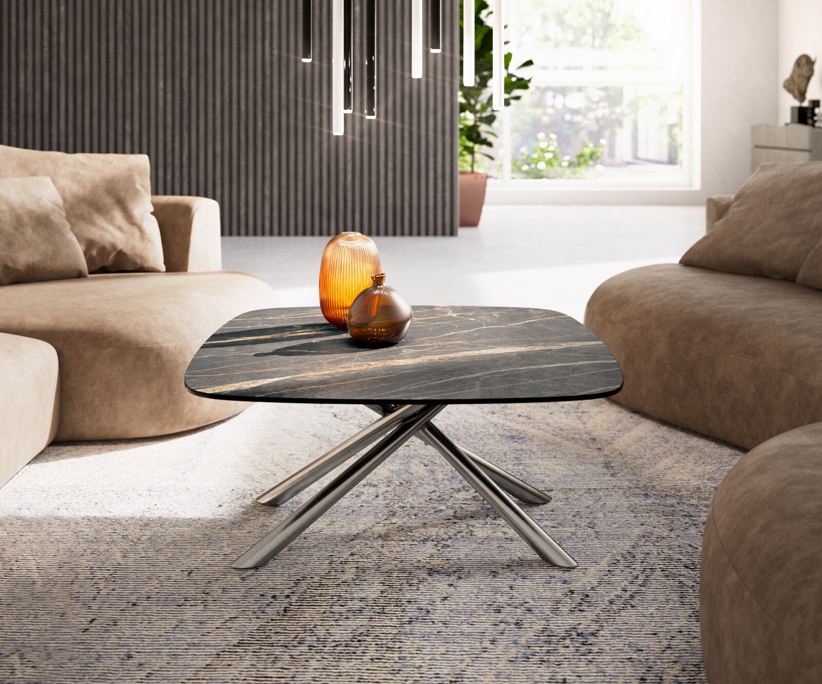 Couchtisch Edge Boot 90x90 cm Keramik Laminam® Noir Desir Braun Sarity Edelstahl gebürstet 1
