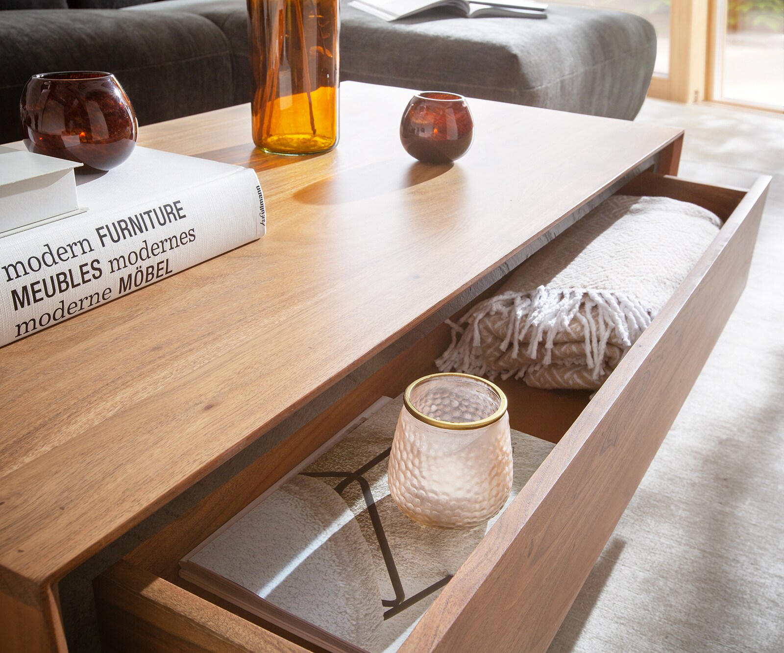 Couchtisch Stonegrace 115x60 cm Akazie Natur 2 Schubladen Steinfurnier 3