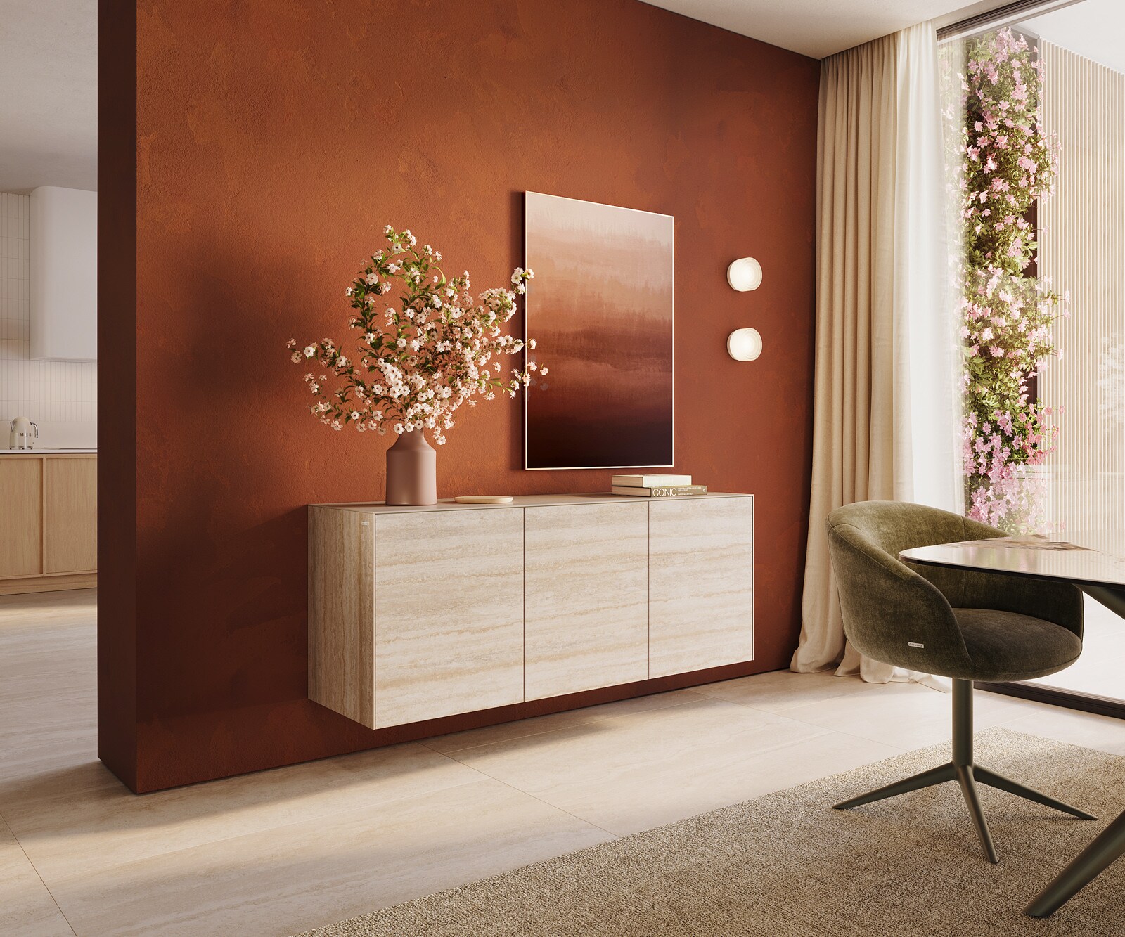 Sideboard Cuor 150 cm Keramik Laminam® Travertino Bianco Creme-Weiß 3 Türen Schwebend 1