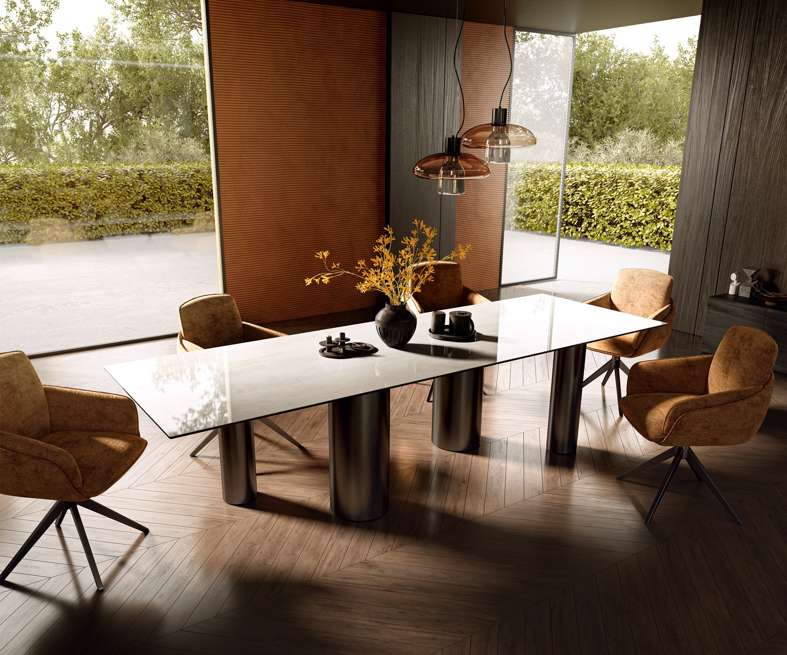 Esstisch Edge 300x100 cm Keramik Onyx Champagne Pilier Edelstahl Graphit 6