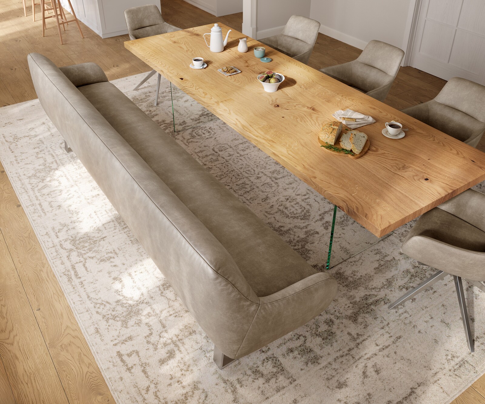 Esszimmerbank Taya-Flex 300 cm Mikrofaser Beige Vintage Kufengestell kantig Edelstahl Taschenfederkern 4