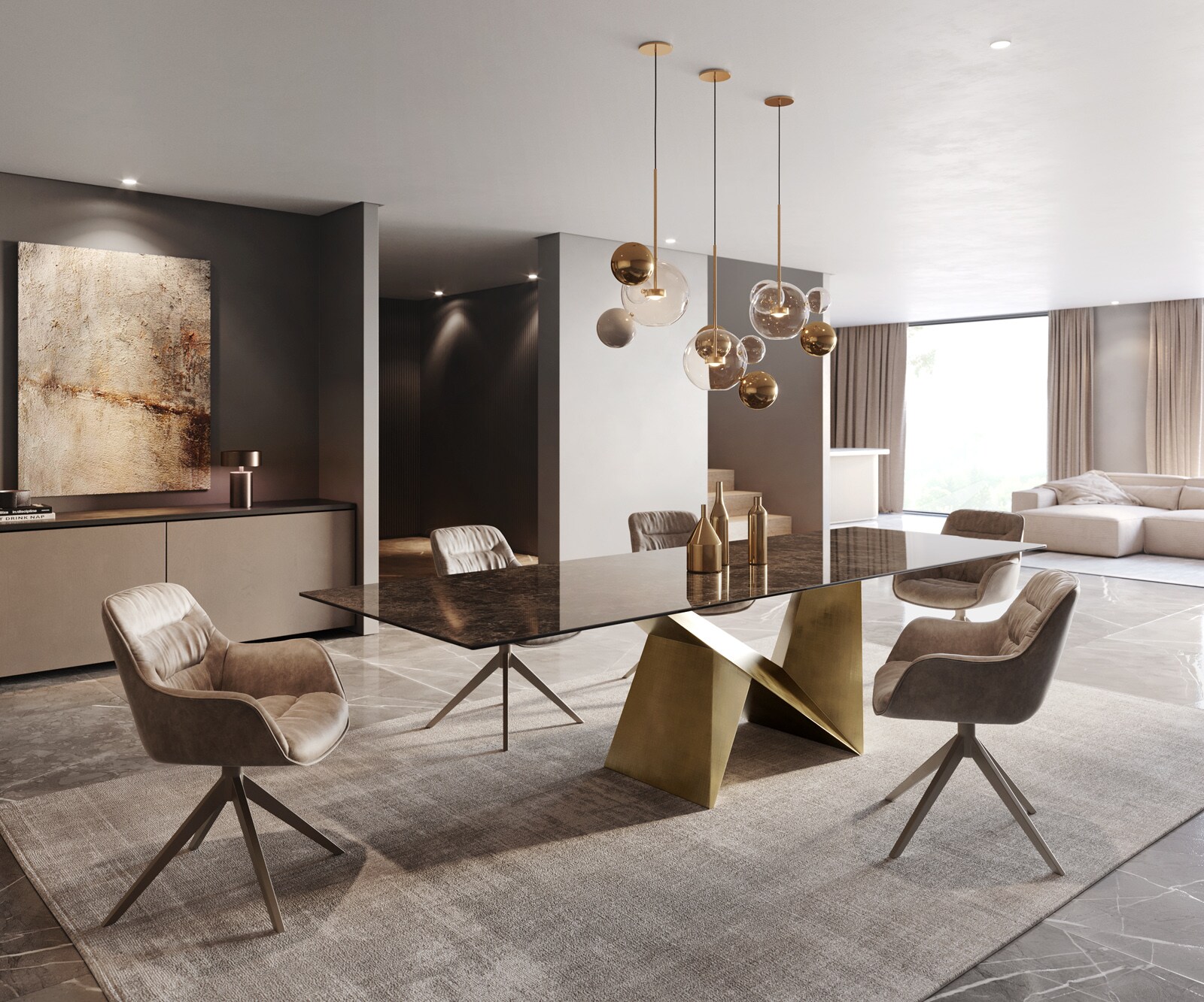 Esstisch Edge 300x100 Keramik Laminam® Emperador Extra Lucidato Dunkelbraun Origami Metallic Gold 6