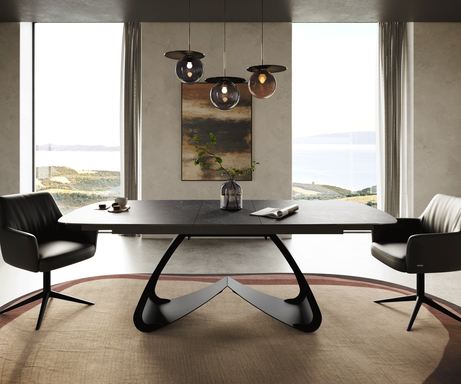 Esstisch Edge Boot 180-220x100 cm Keramik Laminam® Nero Greco Anthrazit W-Gestell Metall Schwarz ausziehbar 2