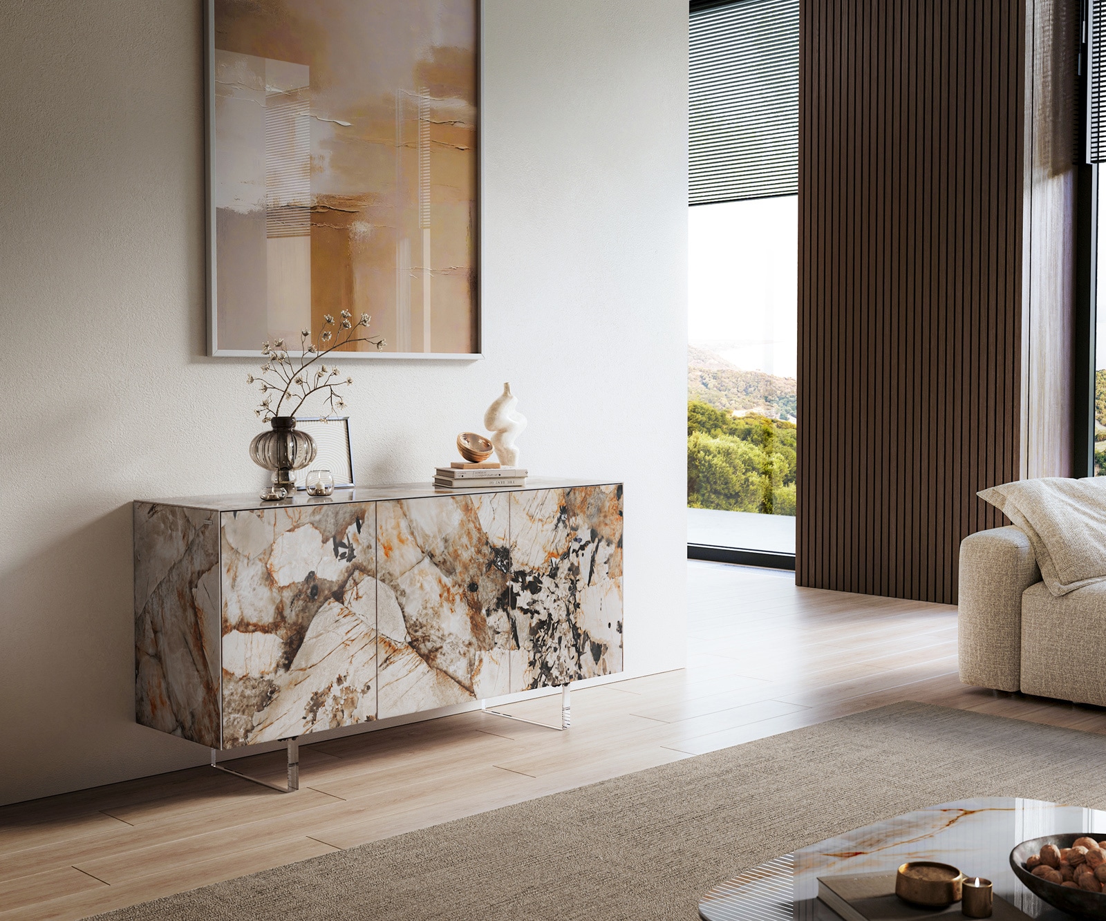 Sideboard Cuor 150 cm Keramik Patagonia Poliert 3 Türen Fuß Schwebeoptik Acrylglas 1