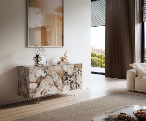 Sideboard Cuor 150 cm Keramik Patagonia Poliert 3 Türen Fuß Schwebeoptik Acrylglas