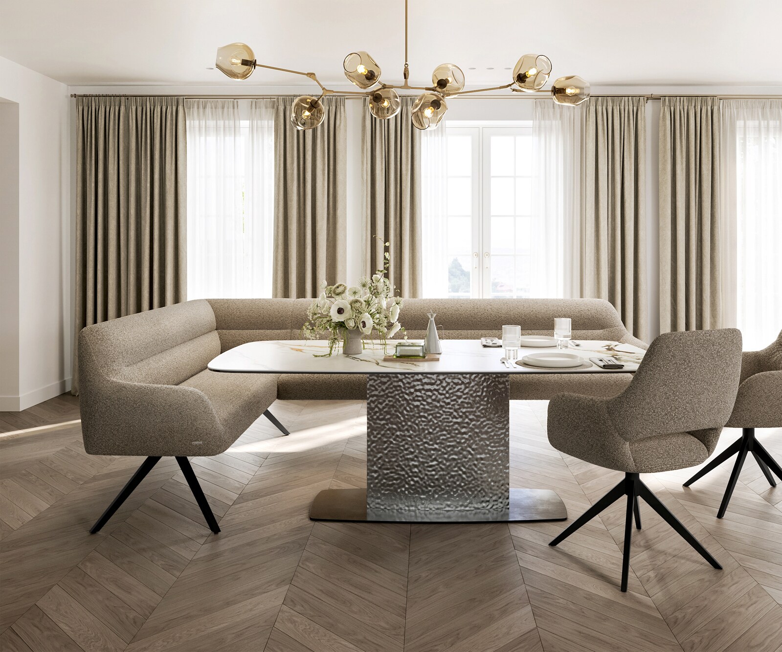 Esszimmerbank Taya-Flex 285x190 cm Bouclé Schlamm Kreuzgestell kantig Schwarz Taschenfederkern Rechts 2