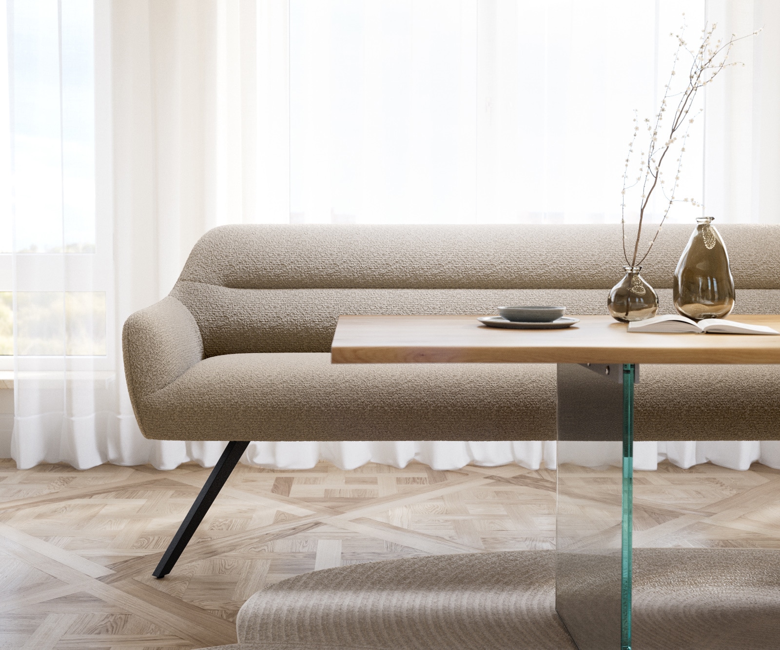 Esszimmerbank Taya-Flex 200 cm Bouclé Schlamm Kreuzgestell kantig Schwarz Taschenfederkern 2