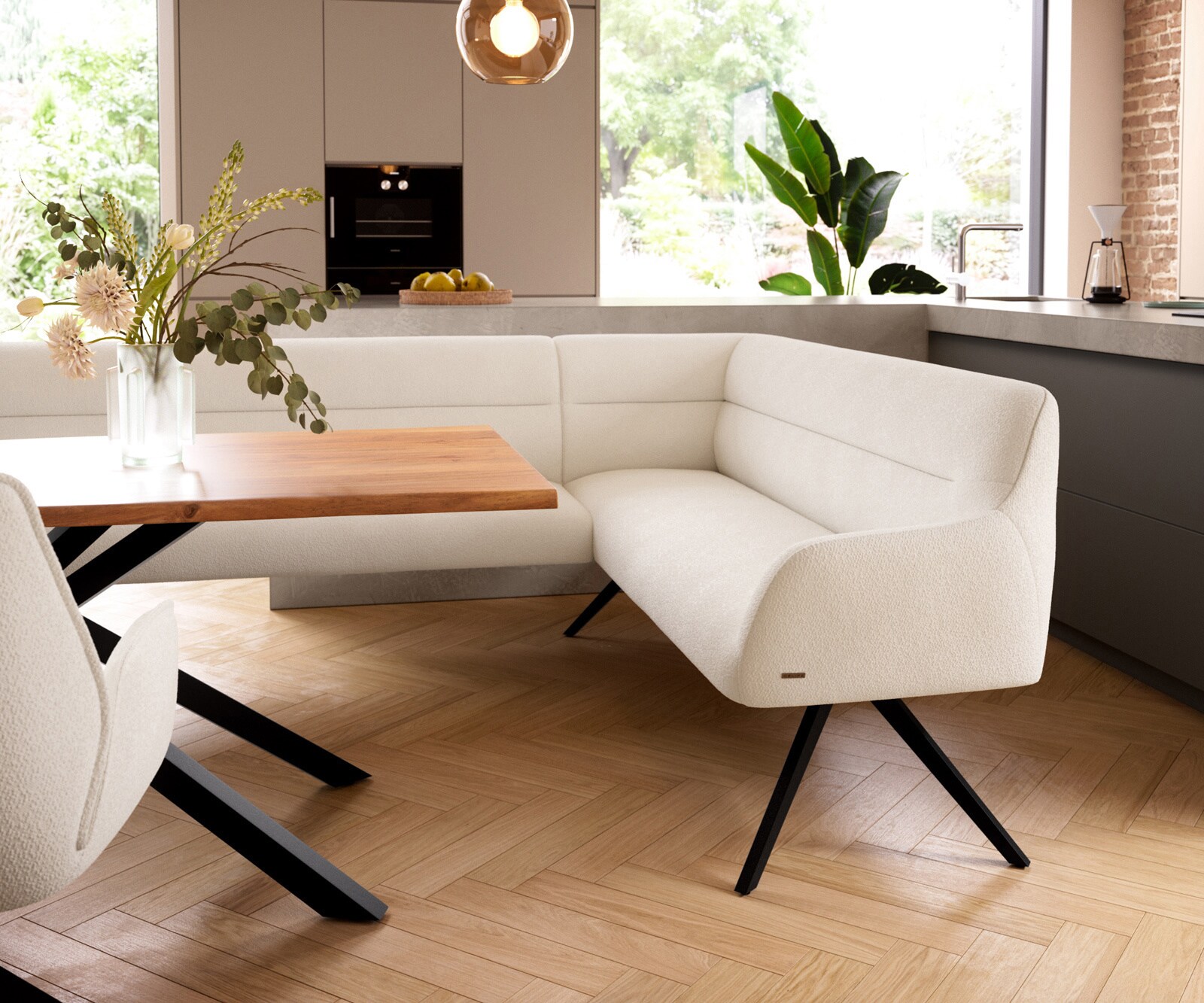 Esszimmerbank Taya-Flex 285x190 cm Bouclé Creme-Weiß Kreuzgestell kantig Schwarz Taschenfederkern Links 4