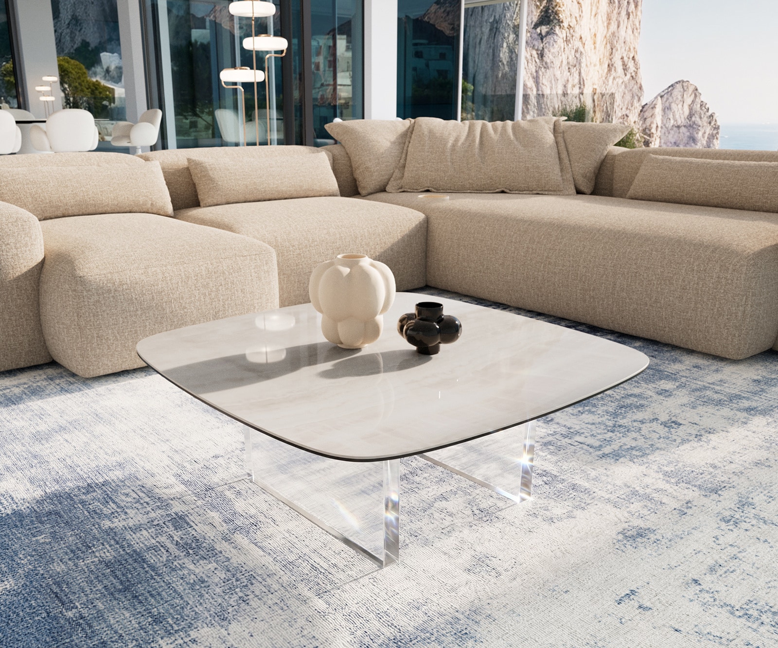 DELIFE Couchtisch Edge Boot 90x90 cm Keramik Onyx Champagne Lumia Acryl, Couchtische