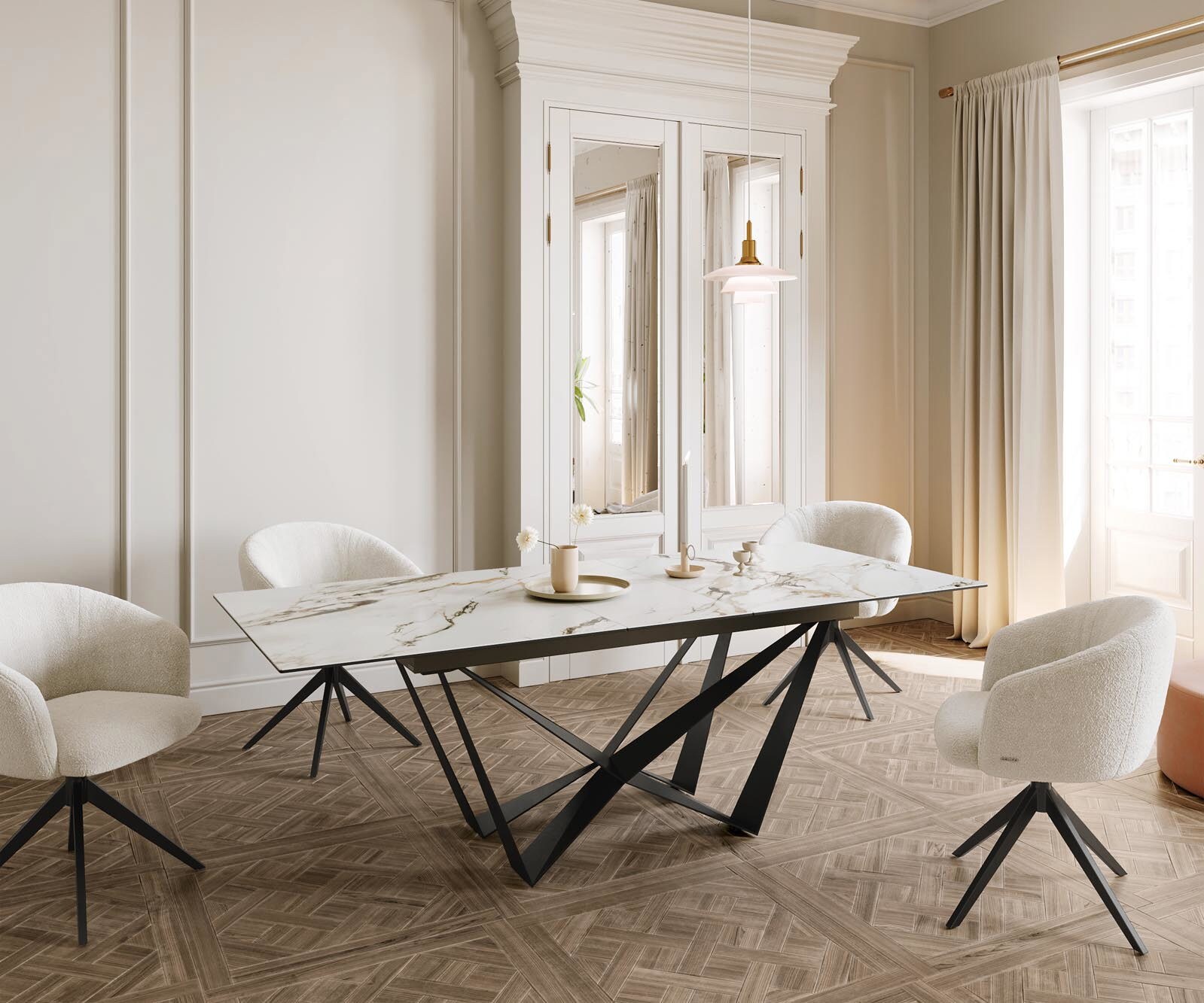 Esstisch Edge 180-220x100 Keramik Calacatta Luxe Weiß-Gold-Grau Spider Flachstahl Schwarz ausziehbar 6
