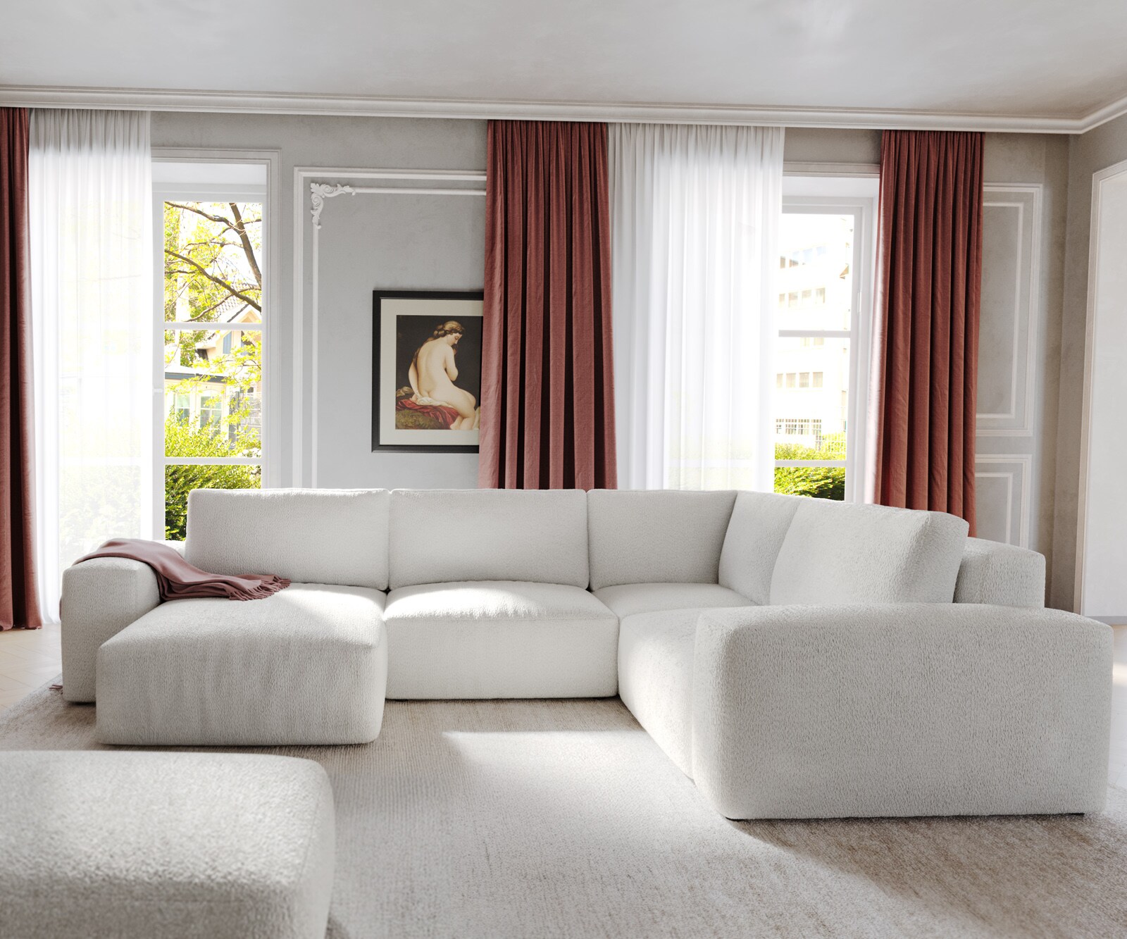 Wohnlandschaft Lanzo 300x210 cm Bouclé Creme-Weiß Recamiere variabel mit Hocker 1