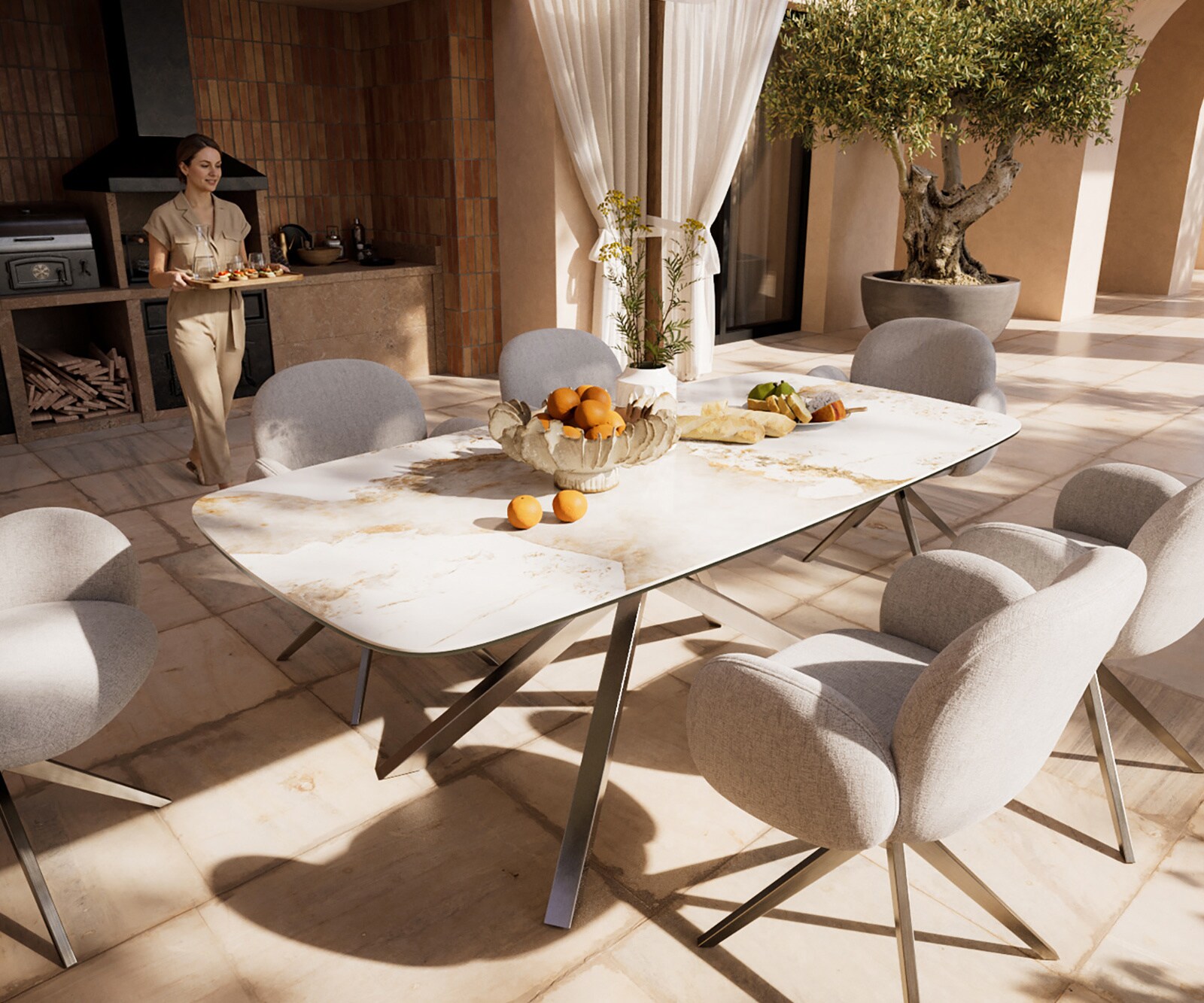 Outdoortisch Edge Boot 200x100 cm Keramik Minas Melange Weiß-Beige Kreuzgestell Rechteck Edelstahl