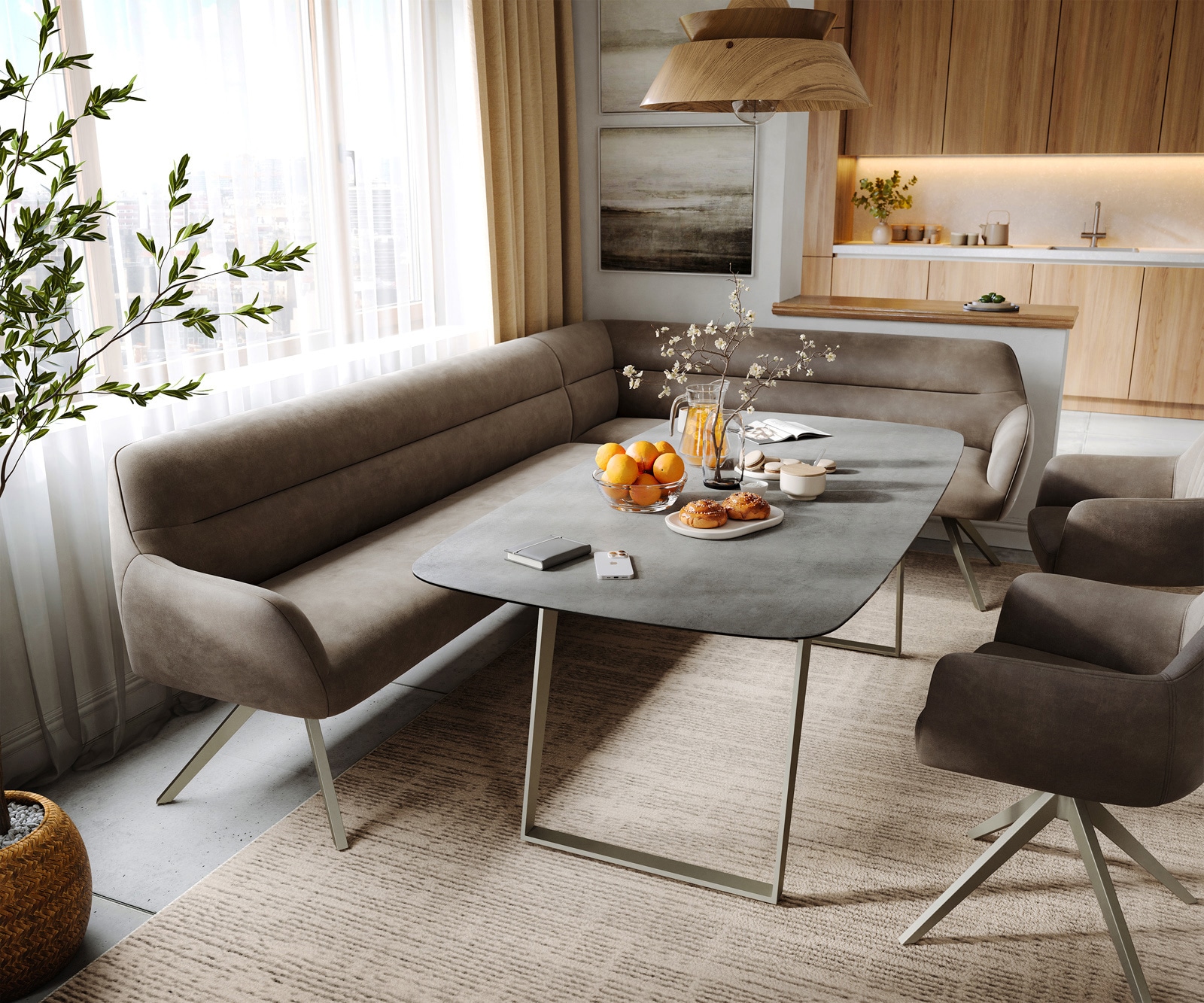 Esszimmerbank Taya-Flex 285x190 cm Mikrofaser Taupe Vintage Kreuzgestell kantig Effektfinish Titan Taschenfederkern Rechts 1