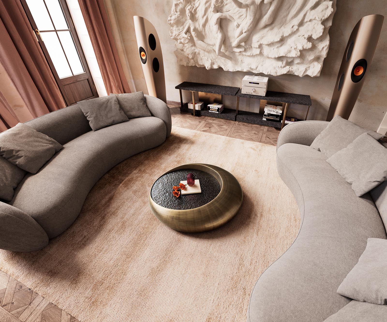 Couchtisch Blaise 100x100 cm Metallic Gold mit Reliefglas Taupe 5