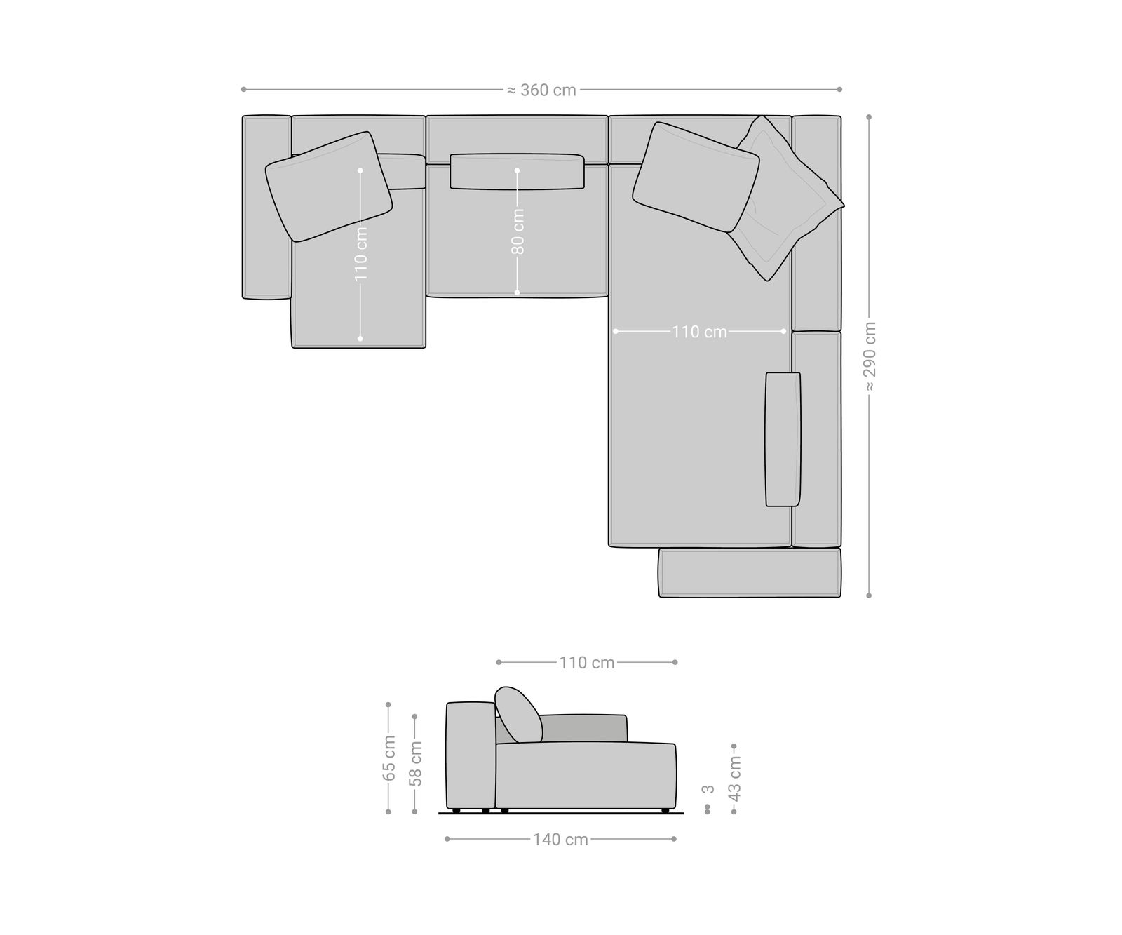 Wohnlandschaft Freestyle 360x290 cm Strukturstoff Soft Grau Kappnaht 7