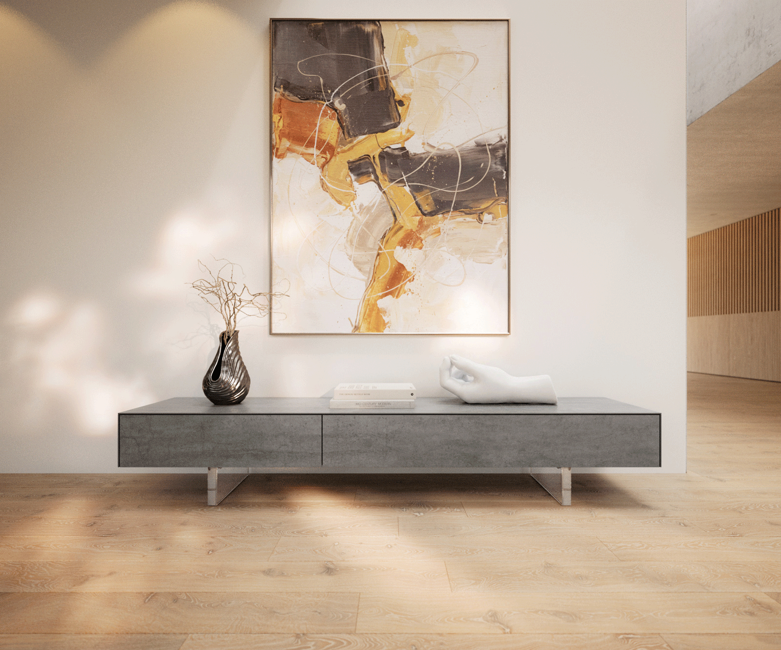 Lowboard Cuor 200 cm Keramik Beton Grau 1 Klappe 1 Schubfach Fuß Schwebeoptik Acrylglas 1
