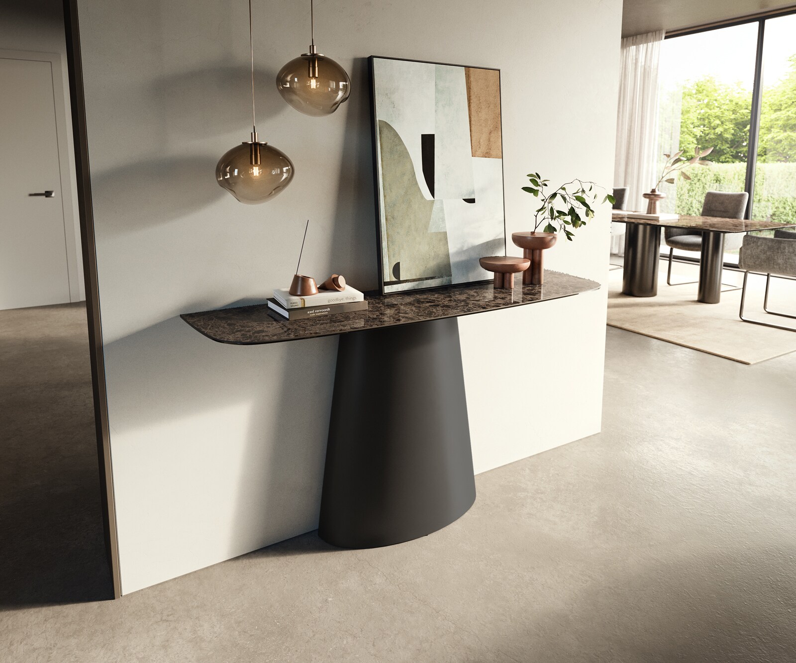 Konsolentisch Edge Boot 140x40 cm Keramik Emperador Extra Lucidato Dunkelbraun Conos Metall Schwarz 3