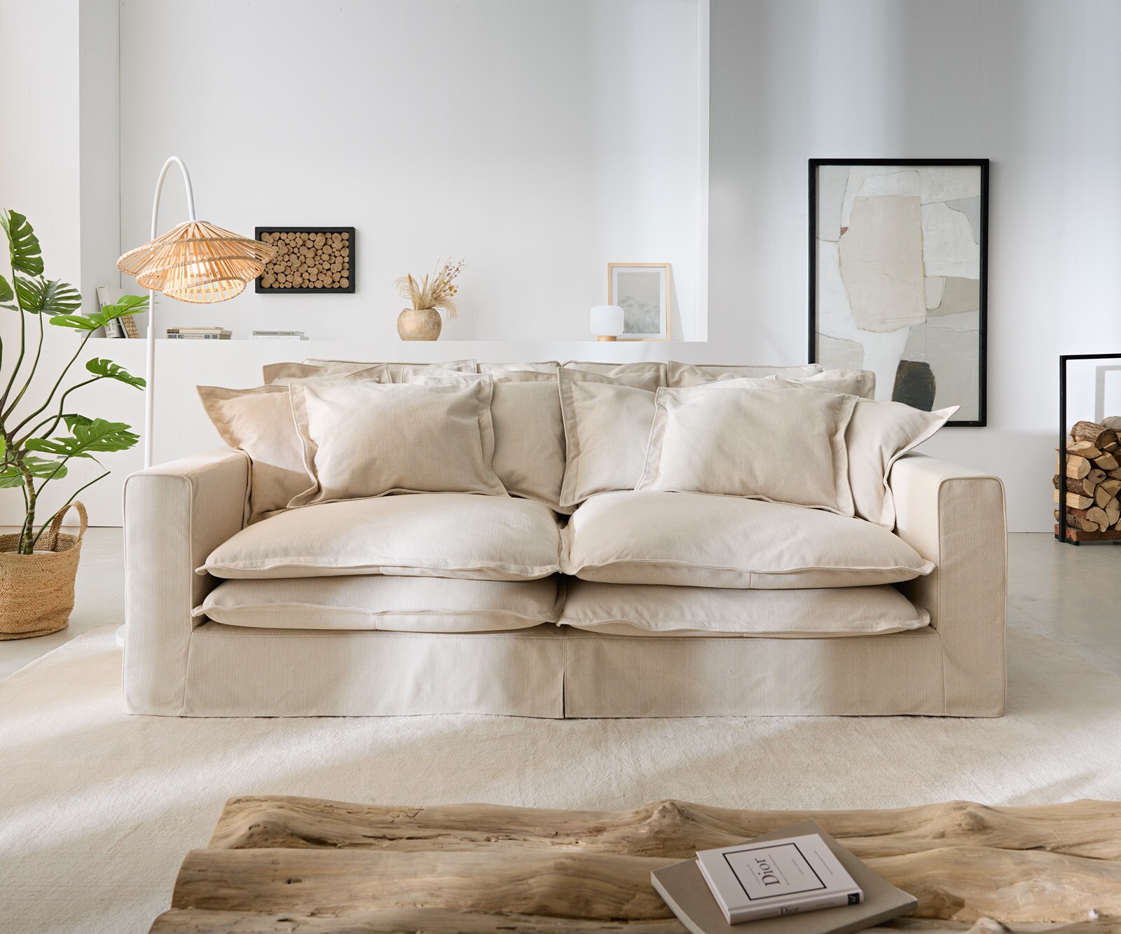 Hussensofa Noelia 240x145 cm Elfenbeinfarben mit Kissen 1
