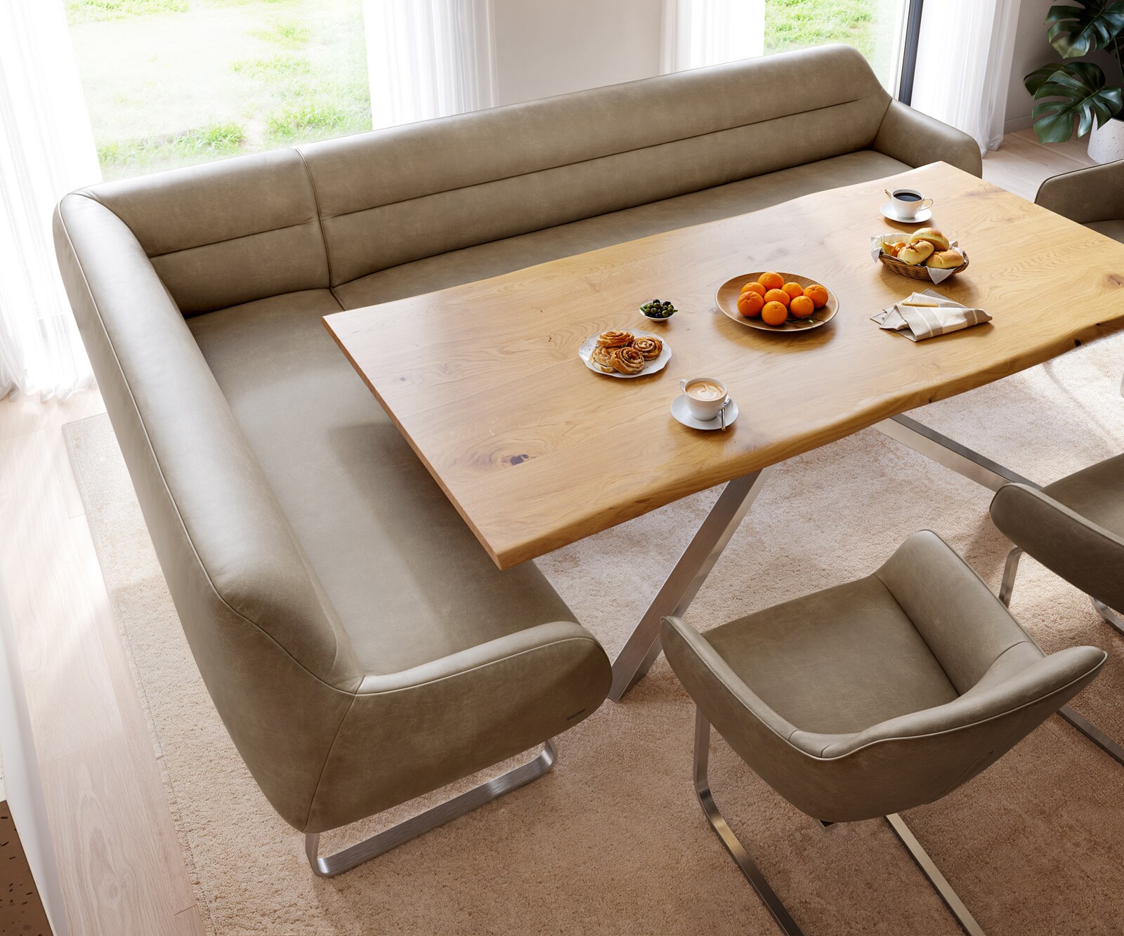 Esszimmerbank Taya-Flex 285x190 cm Mikrofaser Beige Vintage Kufengestell flach Edelstahl Taschenfederkern Rechts 3