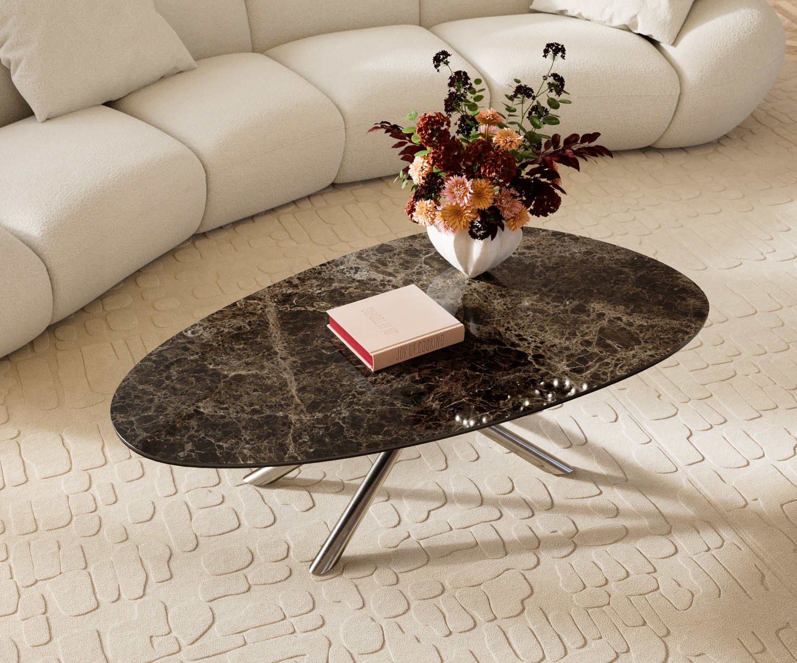 Couchtisch Edge Oval 140x75 cm Keramik Emperador Extra Lucidato Dunkelbraun Sarity Edelstahl gebürstet 3