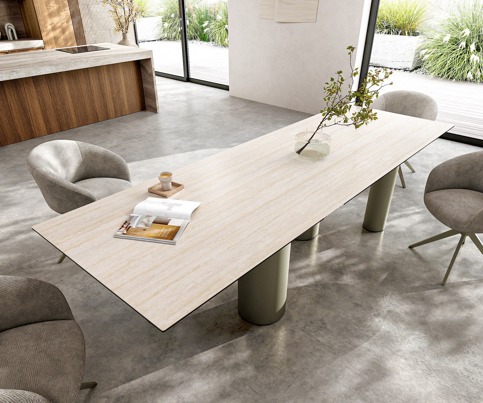 Esstisch Edge 300x100 Keramik Laminam® Travertino Bianco Creme-Weiß Pilier Metall Effektfinish Titan 3