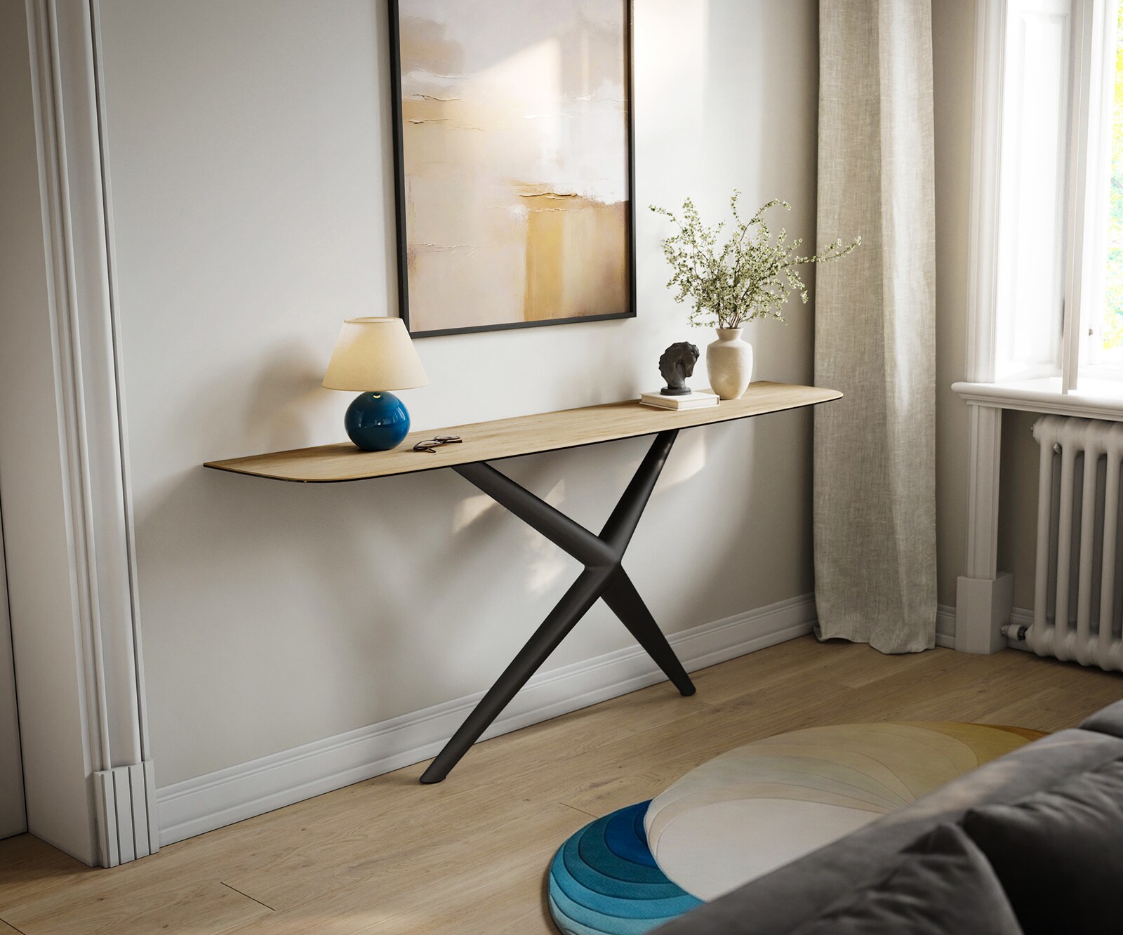 Konsolentisch Edge Boot 180x40 cm Keramik Laminam® Sabbia Eichefarbig Estelo Metall Schwarz 3