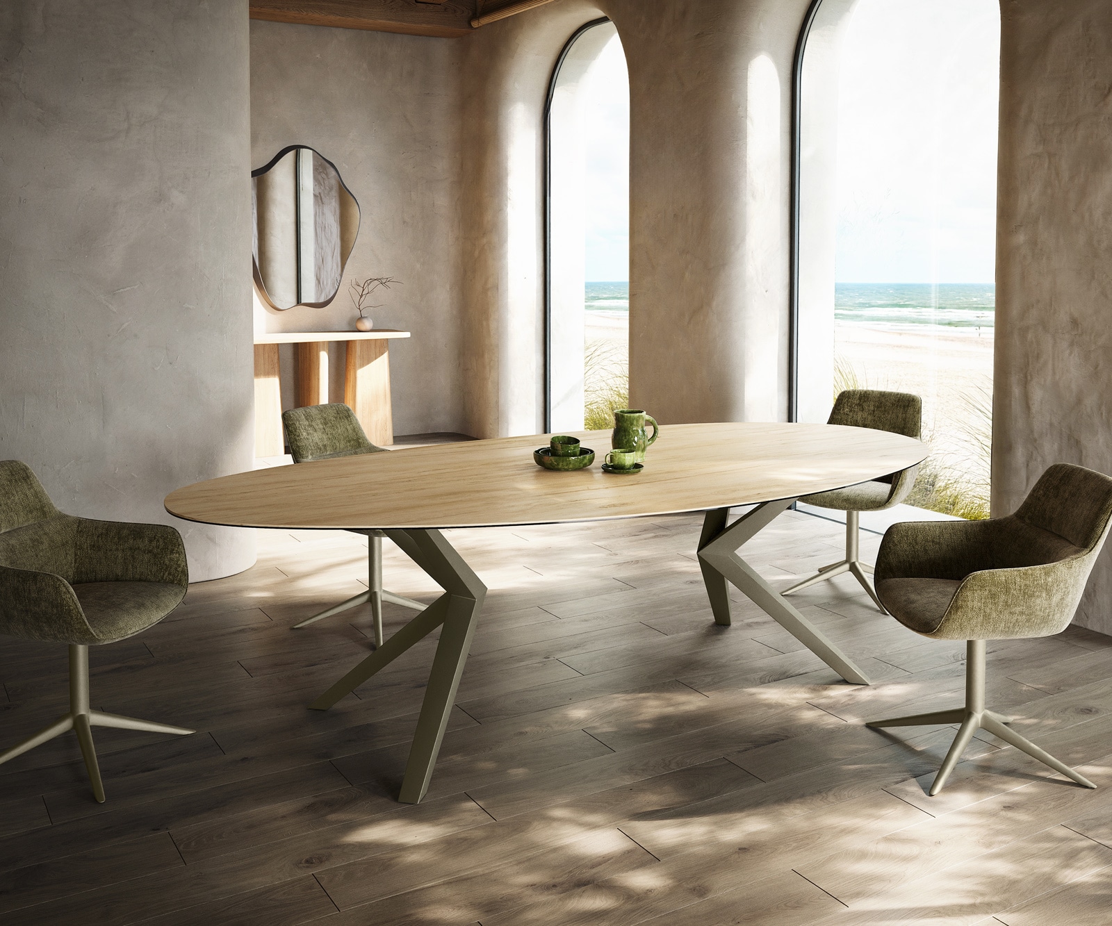 Esstisch Edge Oval 280x130 Keramik Laminam® Sabbia Eichefarbig Zenthara kantig Metall Effektfinish Titan 1