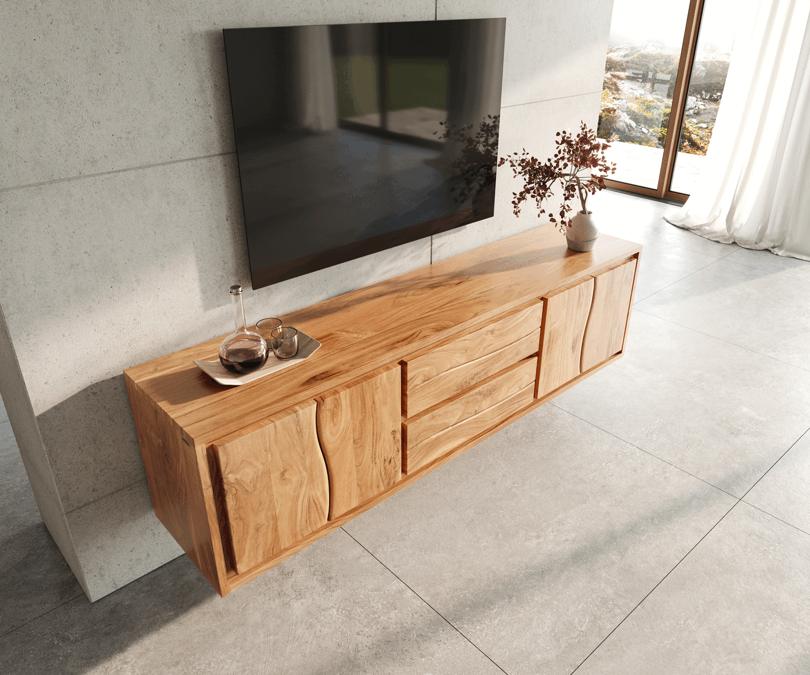 Lowboard Live-Edge 200 cm Akazie Natur 4 Türen 2 Schübe schwebend 3