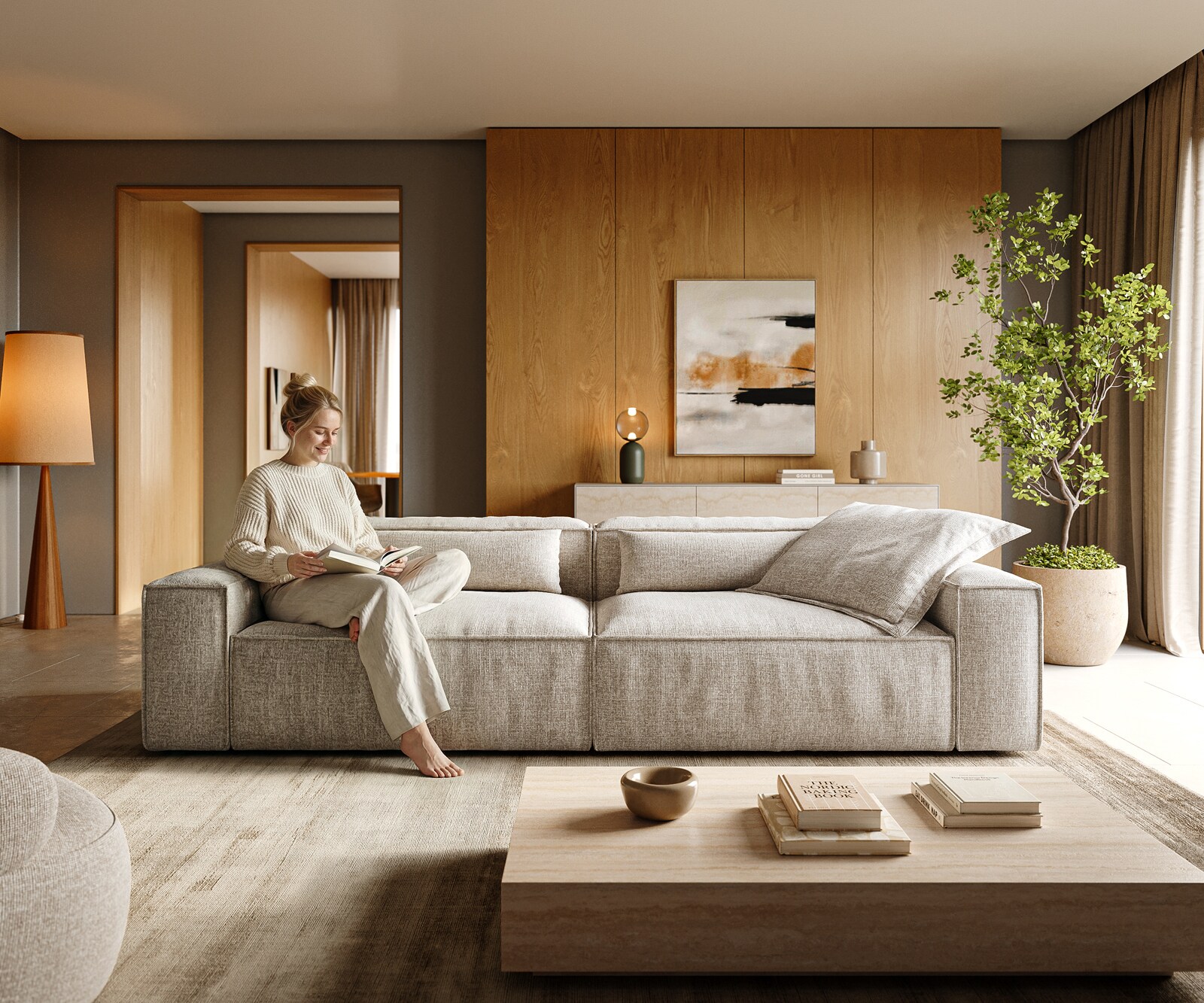 Big-Sofa Freestyle 280x110 cm Webstoff Soft Beige Kedernaht 2