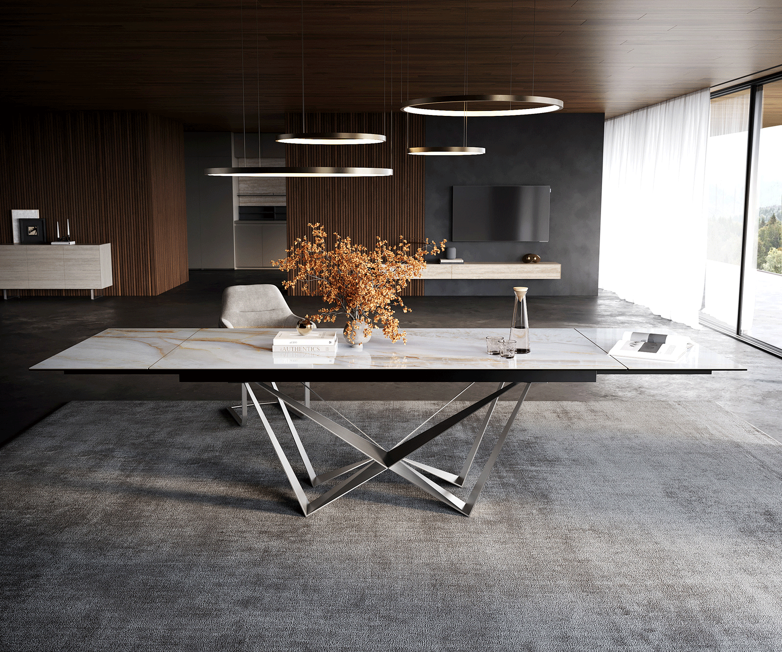 Esstisch Edge 200-300x100 cm Keramik Onyx Pearl Spider Flachstahl Edelstahl ausziehbar 2