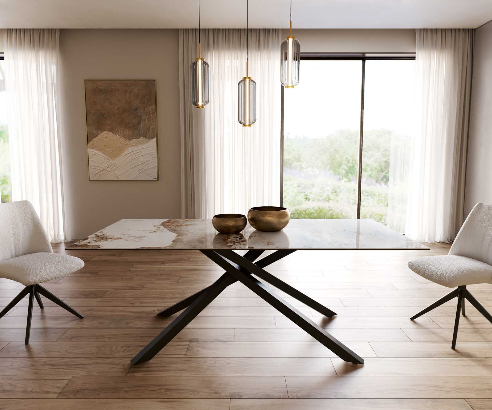 Esstisch Edge 200x100 Keramik Minas Melange Weiß-Beige Kreuzgestell Rechteck Schwarz 1