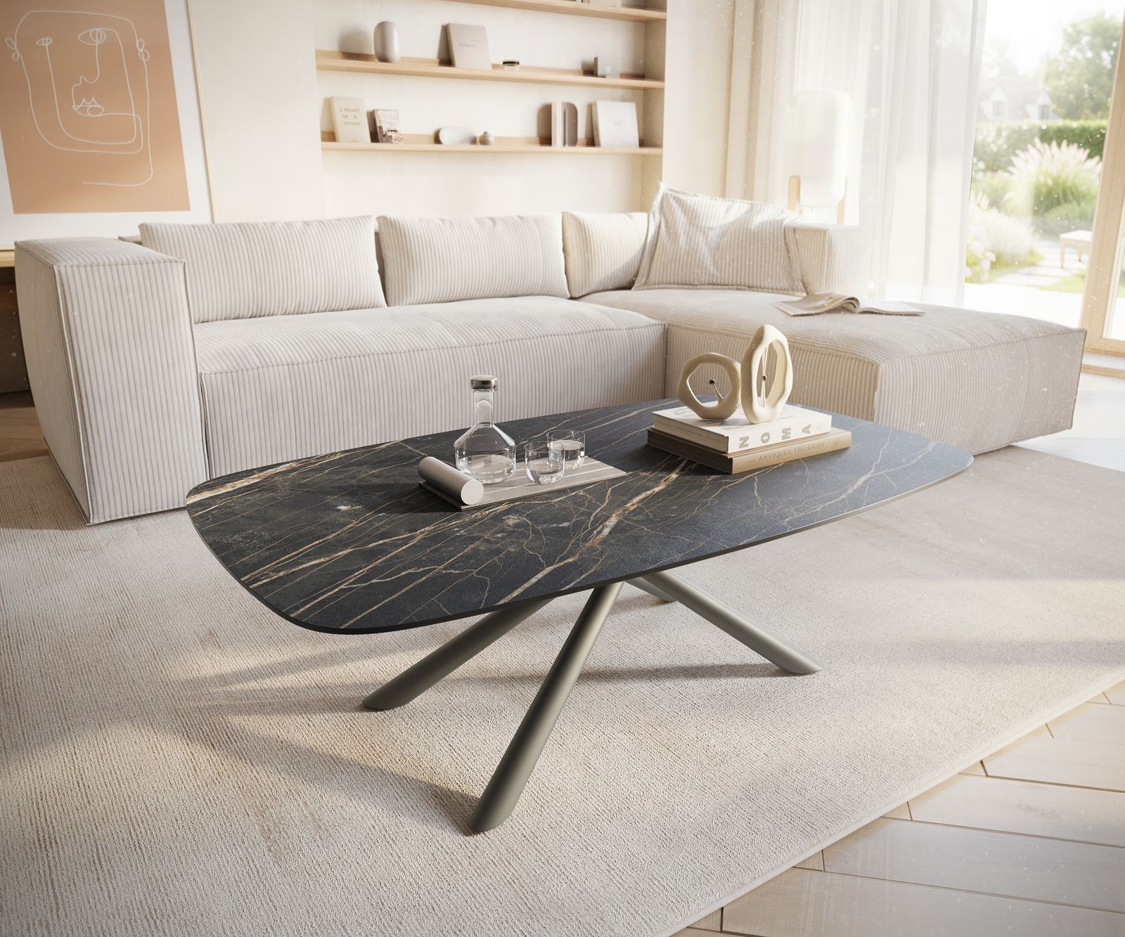Couchtisch Edge Boot 120x70 cm Keramik Laminam® Noir Desir Braun Sarity Metall Effektfinish Titan