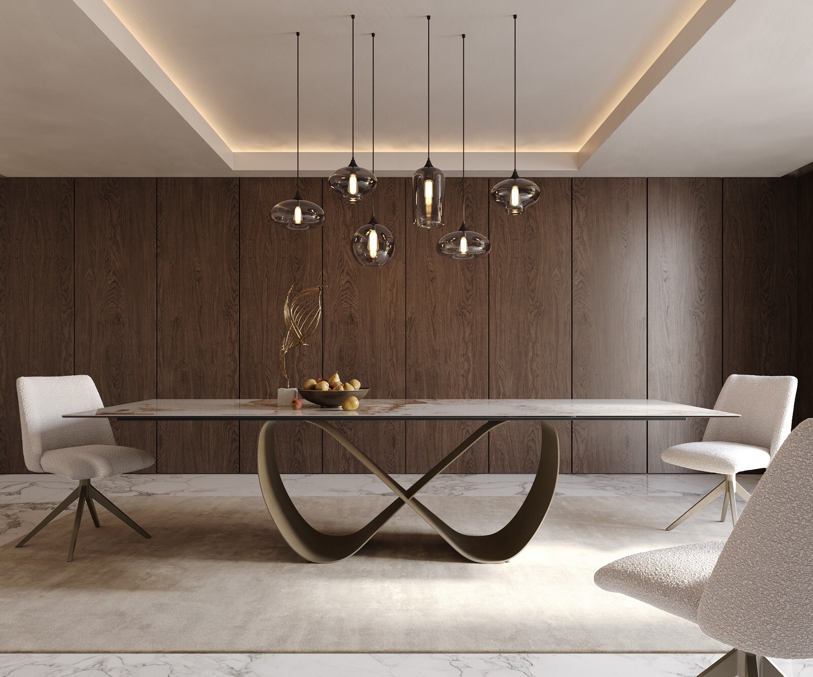Esstisch Edge 300x100cm Keramik Minas Melange Weiß-Beige Infinity Metall Effektfinish Titan 1