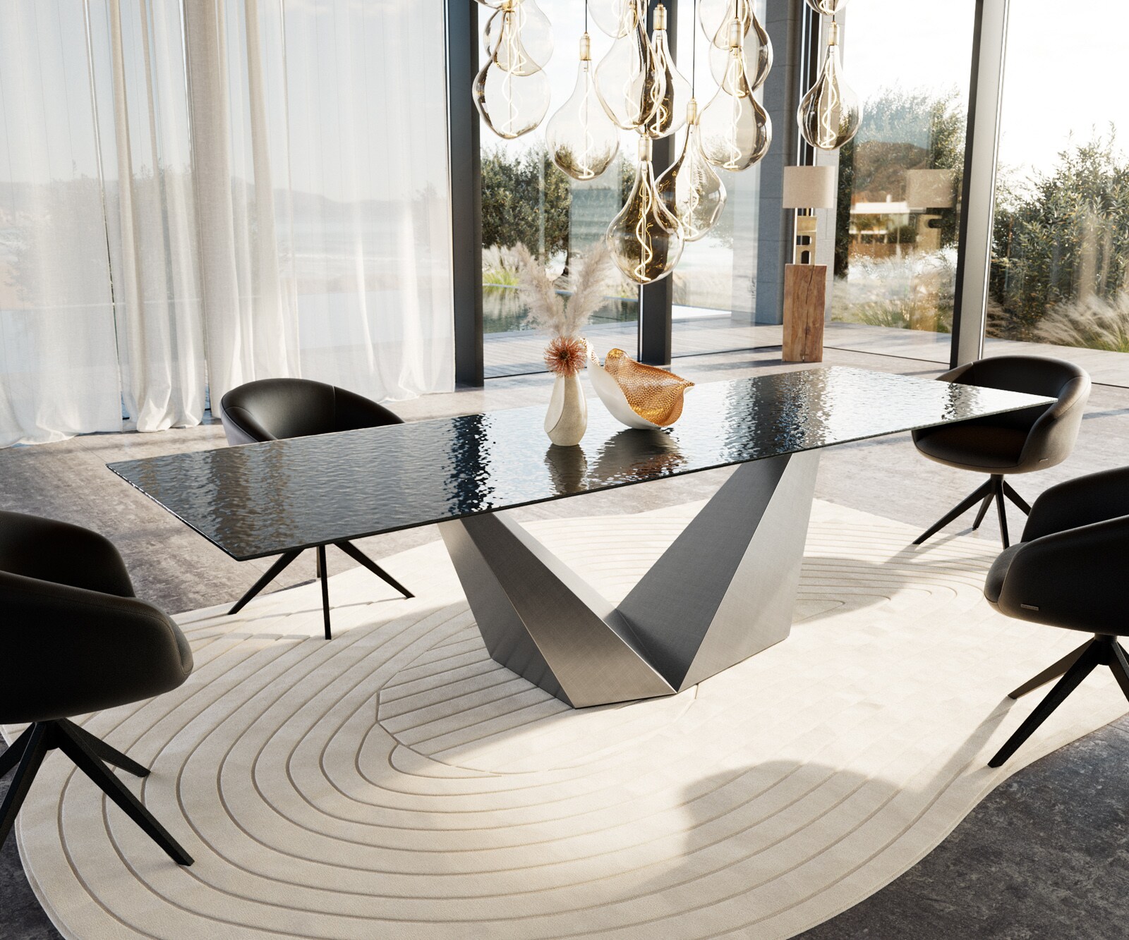 Esstisch Edge 300x100 Reliefglas Rauchschwarz 3D-Design Prisma Metallic Silber