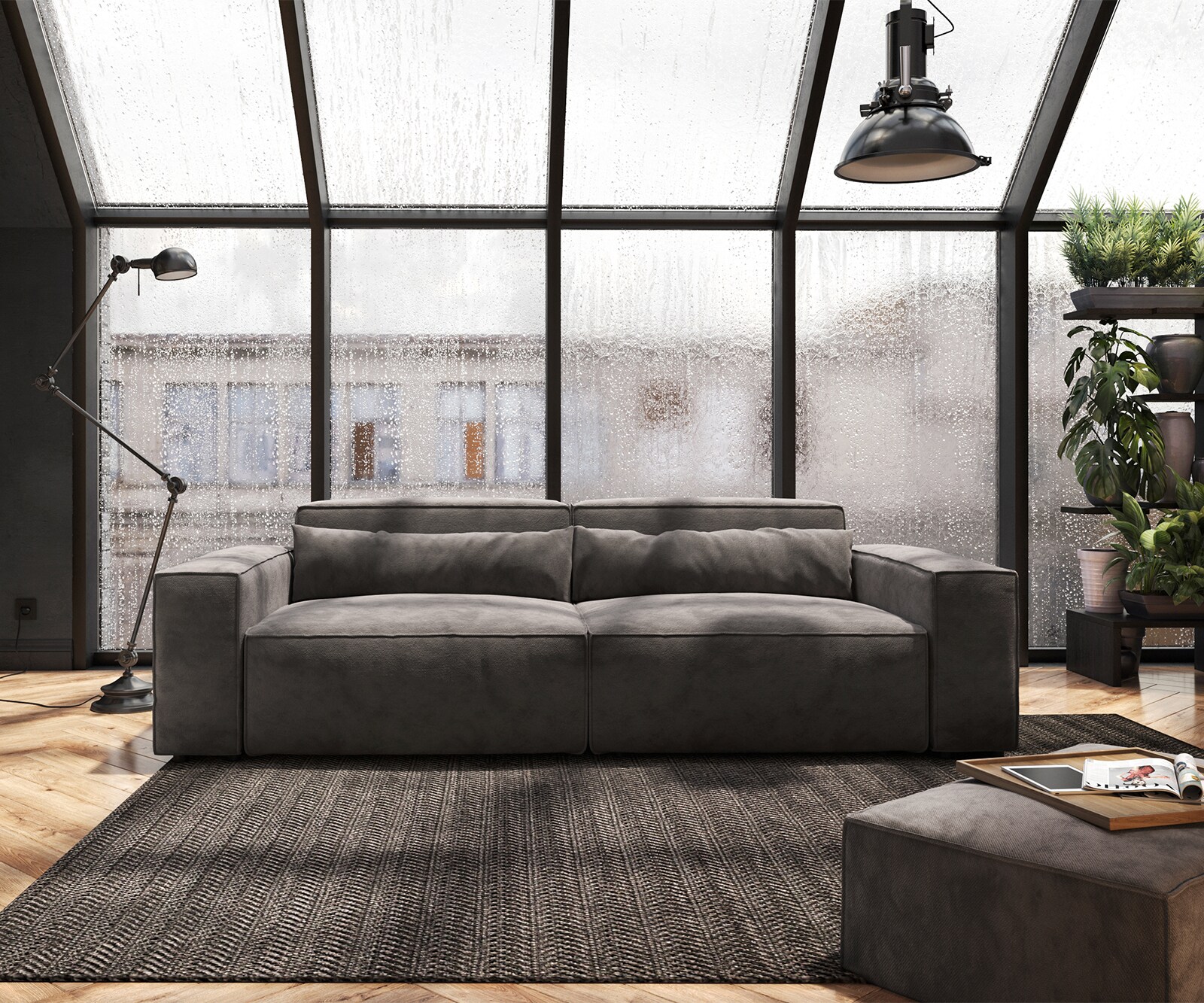 Big-Sofa Sirpio 230x95 cm Mikrofaser Khakibraun mit Hocker 1