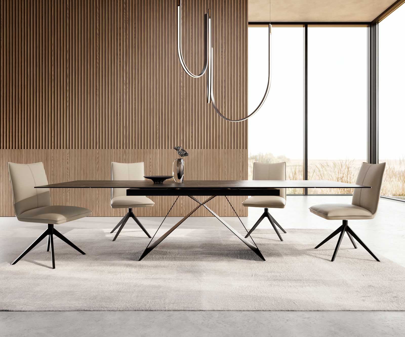 Esstisch Edge 200-300x100 Keramik Laminam®Noir Desir Braun V-Gestell Flachstahl Schwarz ausziehbar 1