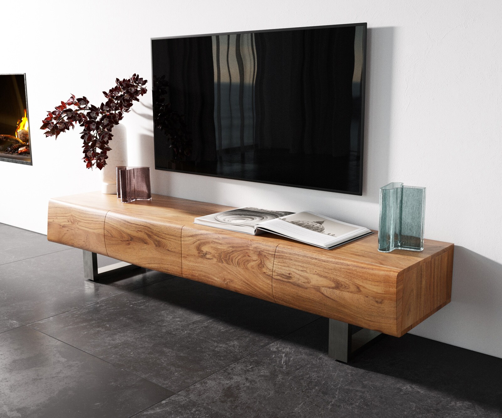 Lowboard New Live-Edge 175 cm Akazie Natur 4 Türen Kufe Edelstahl gebürstet