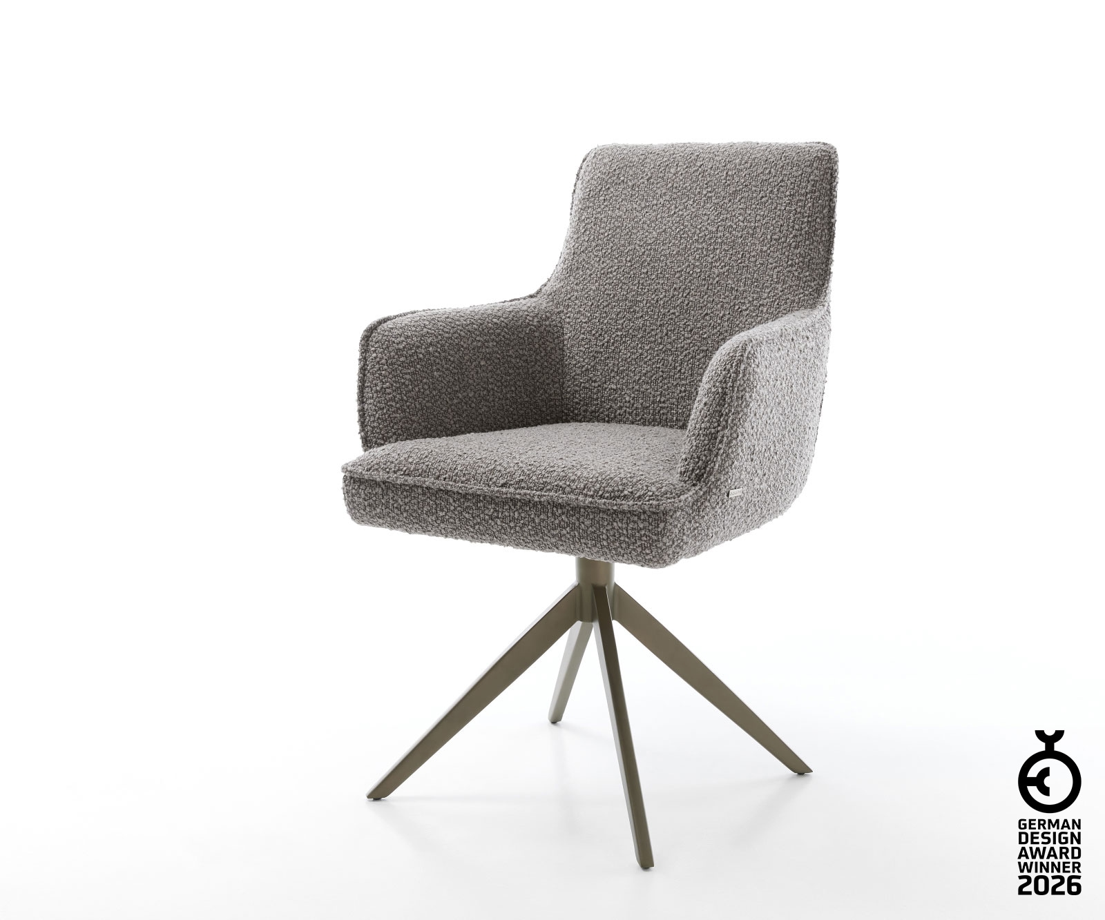 DELIFE Drehstuhl Heira-Flex mit Armlehnen Bouclé Silbergrau Kreuzgestell breit Effektfinish Titan 360° drehbar Taschenfederkern, Esszimmerstühle