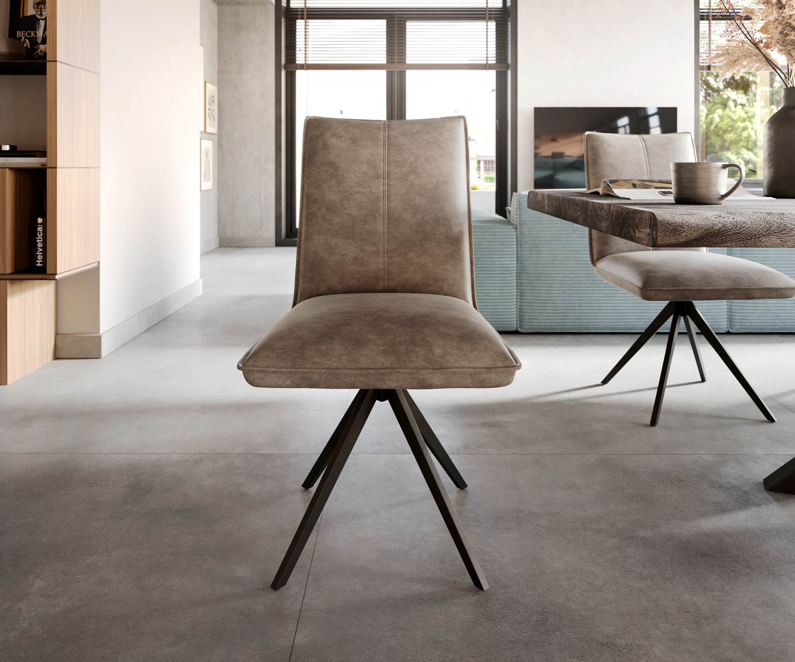 Esszimmerstuhl Lelio-Flex Mikrofaser Taupe Vintage Kreuzgestell breit Schwarz Taschenfederkern 2