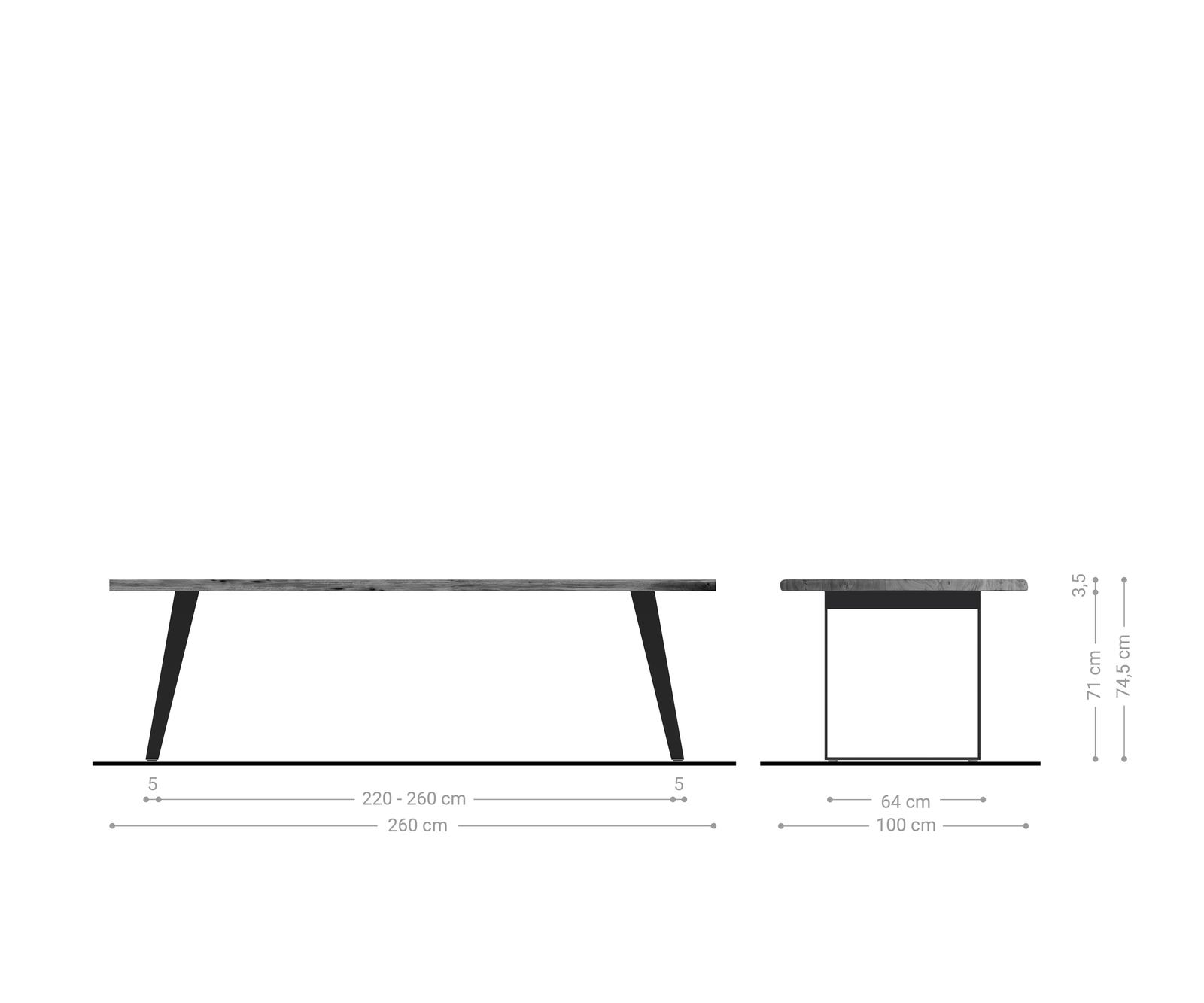 Esstisch Edge 260x100cm Akazie Natur Edelstahl Silber schräg Live-Edge 4