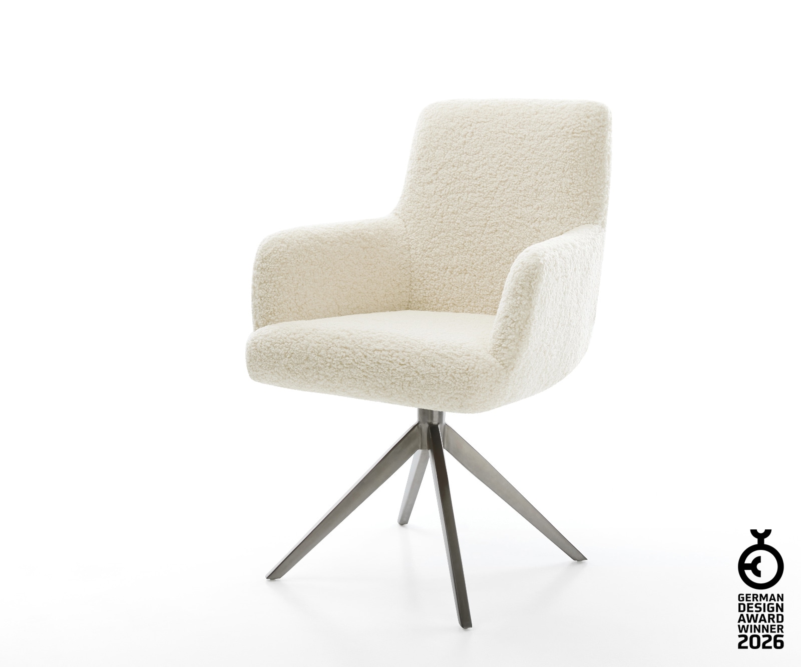 Drehstuhl Heira-Flex mit Armlehnen Teddystoff Beige Kreuzgestell breit Graphit 360° drehbar Wippfunktion Taschenfederkern
