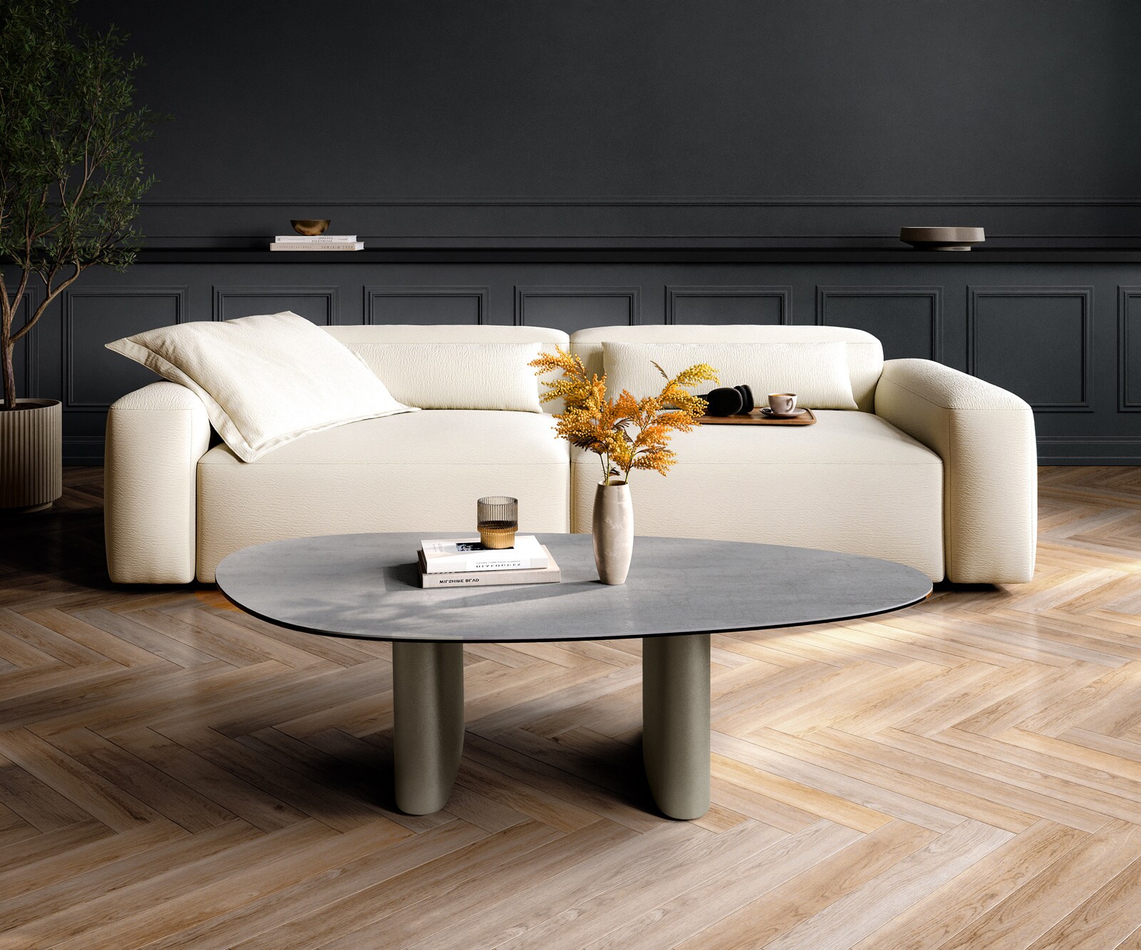 Couchtisch Edge Oval 140x75 cm Keramik Beton Grau Ovada Effektfinish Titan 2